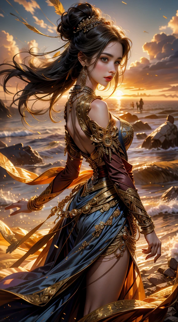 (Absurd, High Resolution, Super Detailed) 1 girl,standing alone in the twilight, embodying the spirit of the Goddess Aries, showcases a mature and Baroque appearance. Her long, elegant skirt flows gracefully in the wind, while her long sleeves, adorned with intricate patterns, add a rich and colorful touch to her attire. The Highest Detail can be observed in every fold of her skirt, every thread on her sleeves, as the sun sets behind her.
Her upper body is brutally sculpted with strength and efficiency, reminiscent of an enterprising humanitarian. The sun casts an amber glow on her shoulders