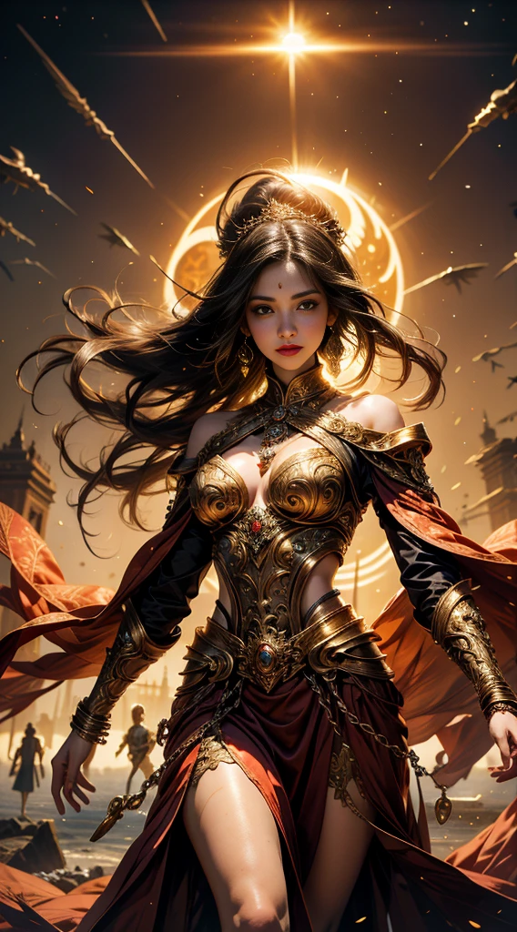 (Absurd, High Resolution, Super Detailed) 1 girl,standing alone in the twilight, embodying the spirit of the Goddess Aries, showcases a mature and Baroque appearance. Her long, elegant skirt flows gracefully in the wind, while her long sleeves, adorned with intricate patterns, add a rich and colorful touch to her attire. The Highest Detail can be observed in every fold of her skirt, every thread on her sleeves, as the sun sets behind her.

Her upper body is brutally sculpted with strength and efficiency, reminiscent of an enterprising humanitarian. The sun casts an amber glow on her shoulders