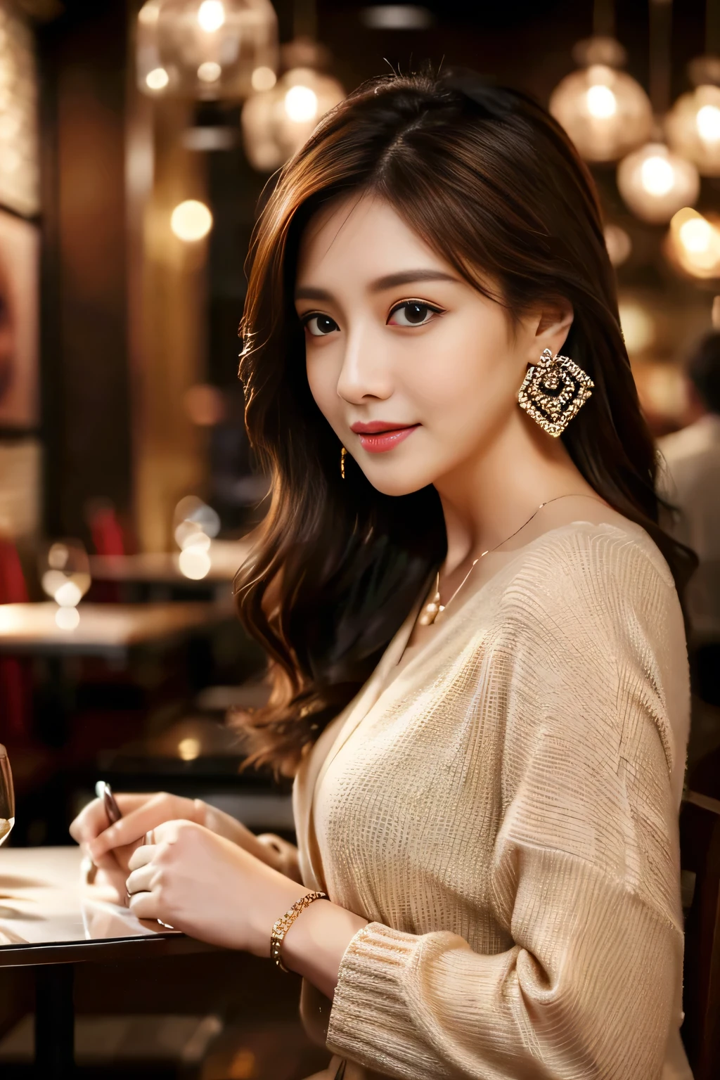 masterpiece, highest quality, Realistic, Very detailed, The finer details, High resolution, 8k wallpaper, One beautiful woman, Wear casual business attire, In a great restaurant, At night, Light brown messy hair, Perfect dynamic composition, Beautiful and beautiful eyes、Earrings