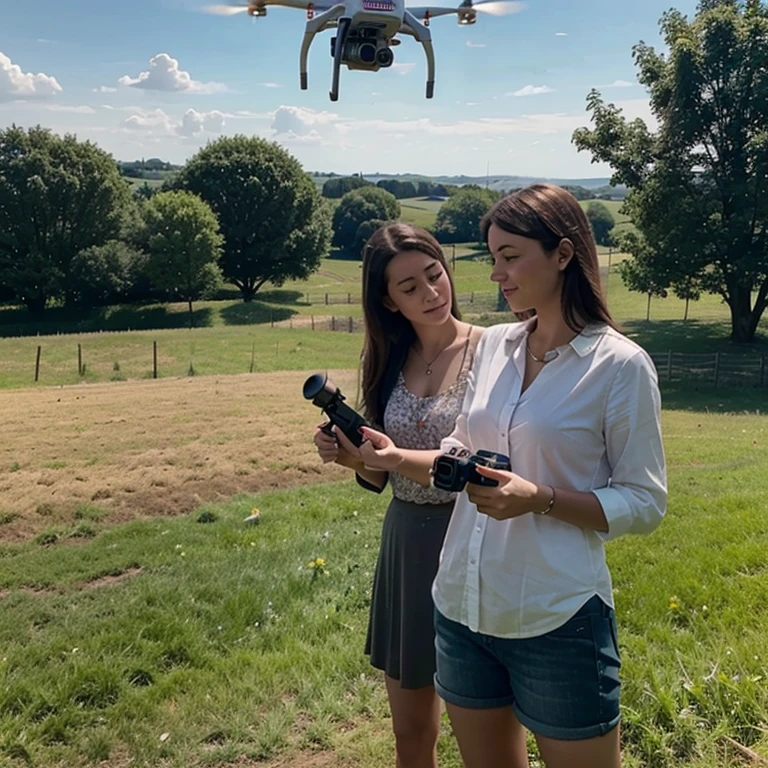 A mother and her little daughter controlling a drone in the air in the countryside happy