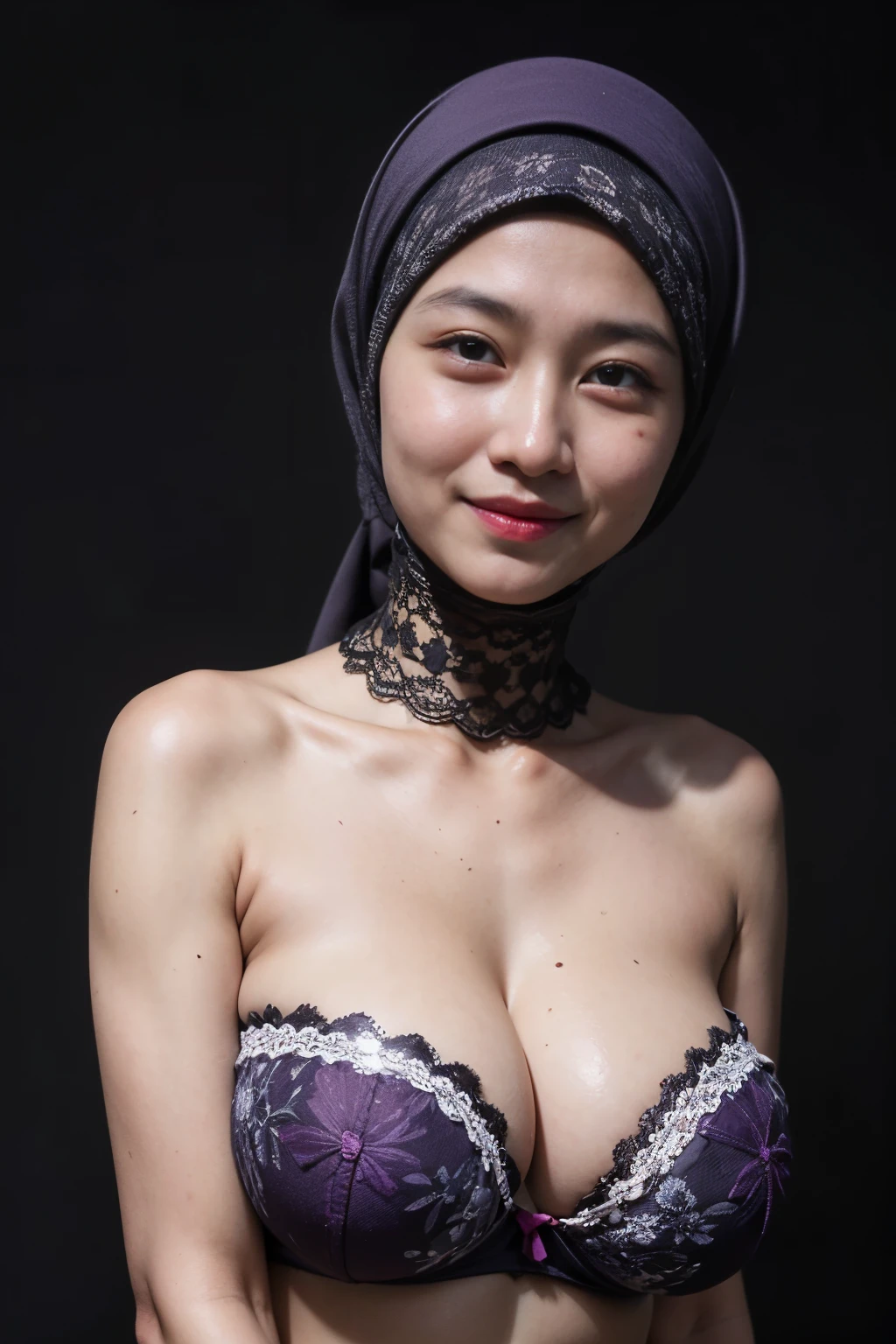 ((Gigantic tits:1.5)), (from behind up) seductive pose, ((Old lady:1.8)), (Happy smile), (((HIJAB MALAY GIRL))), masutepiece, High quality, UHD 32K, Realistic face, Realistic skin feeling , A Japanese Lady, 58 years old matured lady, (((FLAT CHEST))), (Night time at forest), ((look In front at the camera and SADNESS)), (((PURPLE FLUORESCENT LIPS)), ((Floral Pattern)), ((wearing pastel lace strapless bra)), dark night background , black forest night, horror scary place,
