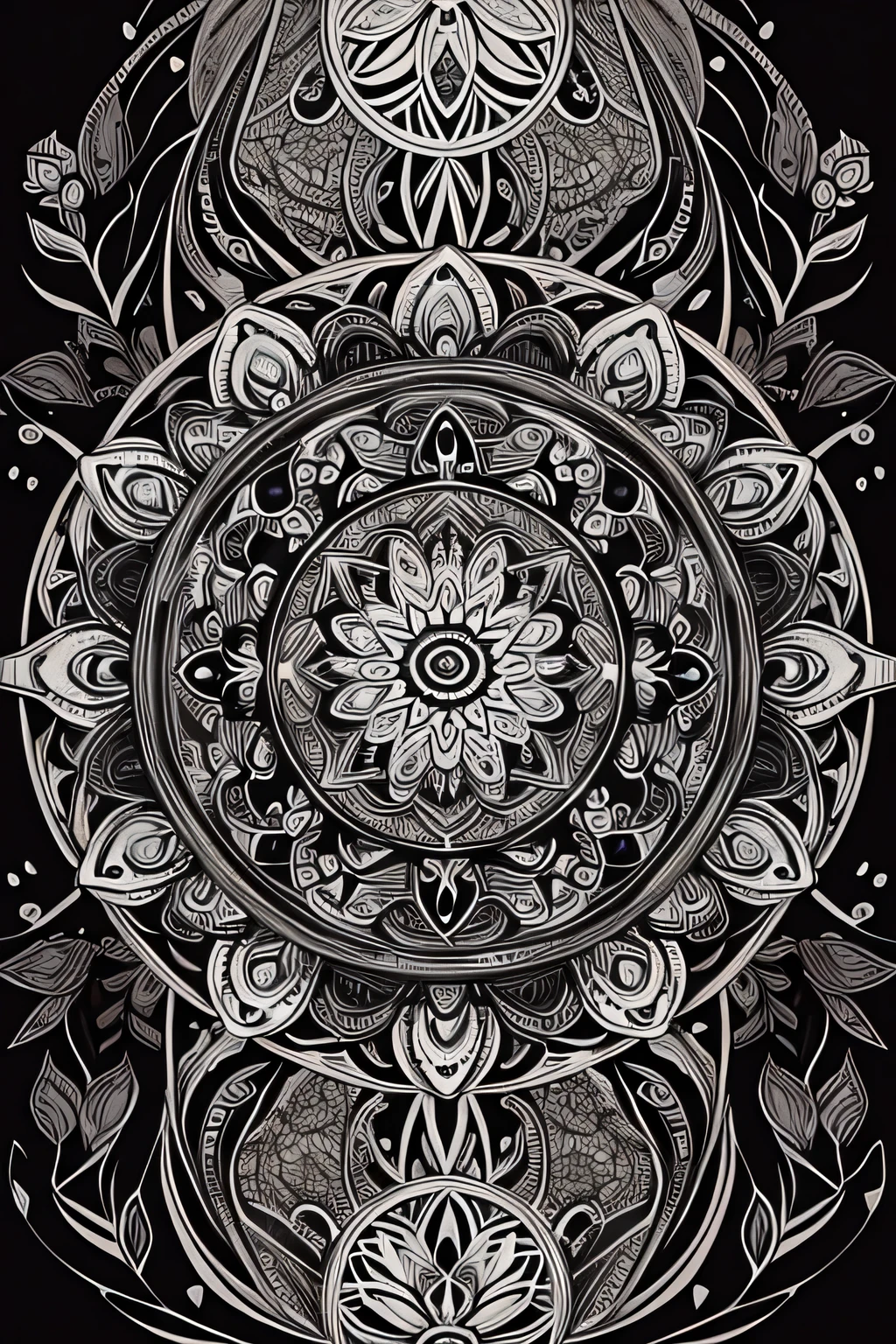 Imagine a beautiful mandala of flowers. It features detailed black outlines that are characteristic of this style. The bold line work creates a visually captivating image that is perfect for a coloring book, with intricate details throughout.