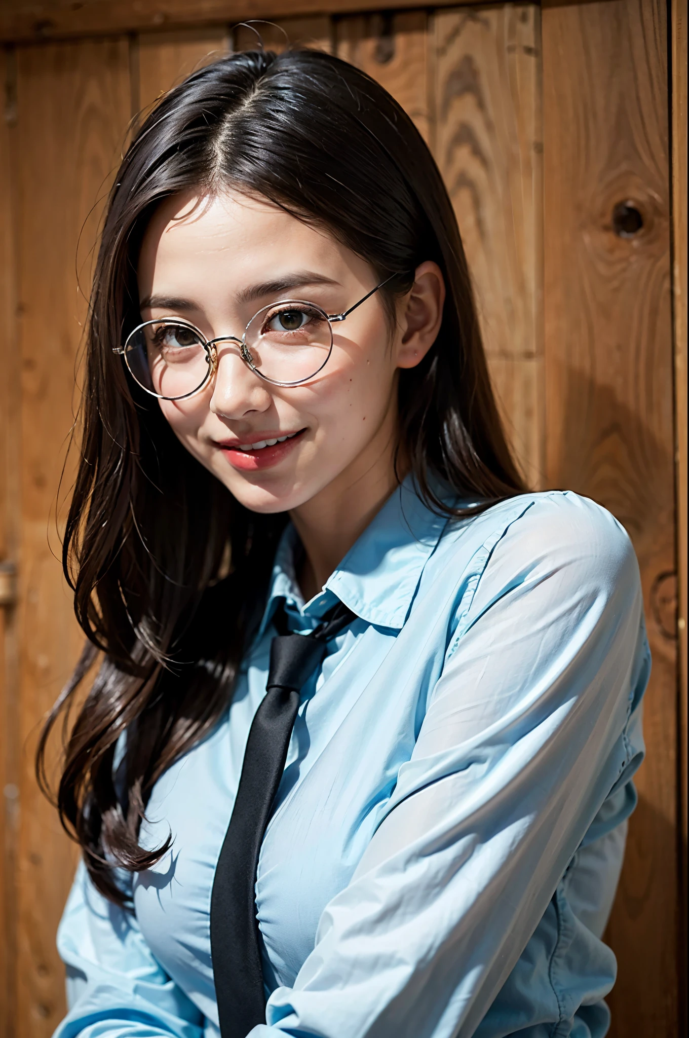(8k、Raw photo、highest quality、masterpiece:1.2)、(Realistic、Photorealistic:1.37)、Ultra-detailed、超A high resolution、1 girl、Seeing the viewer、Beautifully detailed face、Laughter、narrow、(Narrow waist) :1.3)、((Blue shirt clothes))、beautiful detailed skin、Skin Texture、floating hair、((Tie your hair together))、Professional Lighting、In front of the station at noon、((Black square glasses))、Human whole body、Brown Hair、smile、Long Hair
