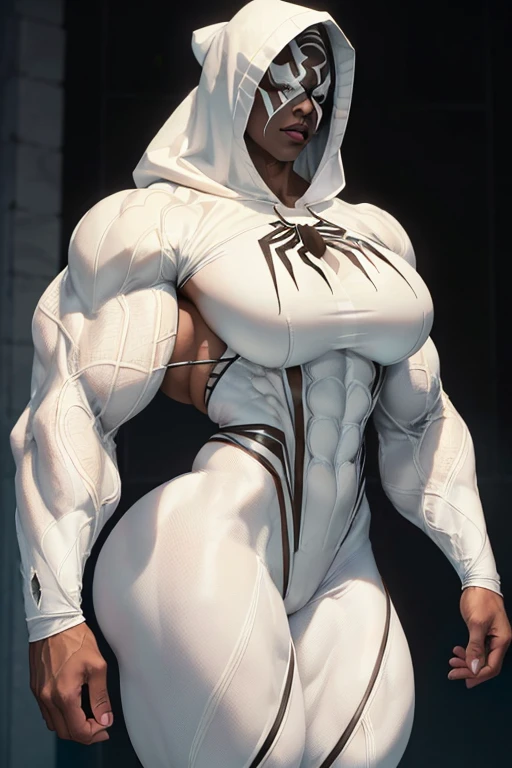 ((((Massive, beautiful, buff, light brown skinned muscular woman with white hair, black lipstick, ginormous bulky muscles and wearing an all white hooded Spider-man suit with tight pants)))), vascular body, massive muscle, massive biceps, hyper muscle triceps, (long straight white hair), blue eyes, high heels boots, city, at midnight, smirk, hyper muscles arms, hyper muscle legs, ginormous buff arms.