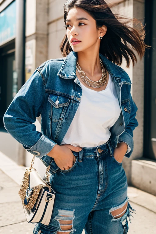 Urban Chic (1.0) – Urban Chic – Street art, Expressionistic, Surrealistic-Distressed Denim Jacket (1.5) – worn over (0.5) Graphic Tee (1.3) – paired with (0.5) High-Waisted Cargo Pants (1.6) – and (0.5) Chunky Platform Sneakers (1.4) – Accessorize with (0.6) Oversized Hoop Earrings (1.8) – and (0.7) Chain Necklace (1.2) – for (0.2) Edgy Vibe (0.8) – High Quality Detail (1.0) – Cin