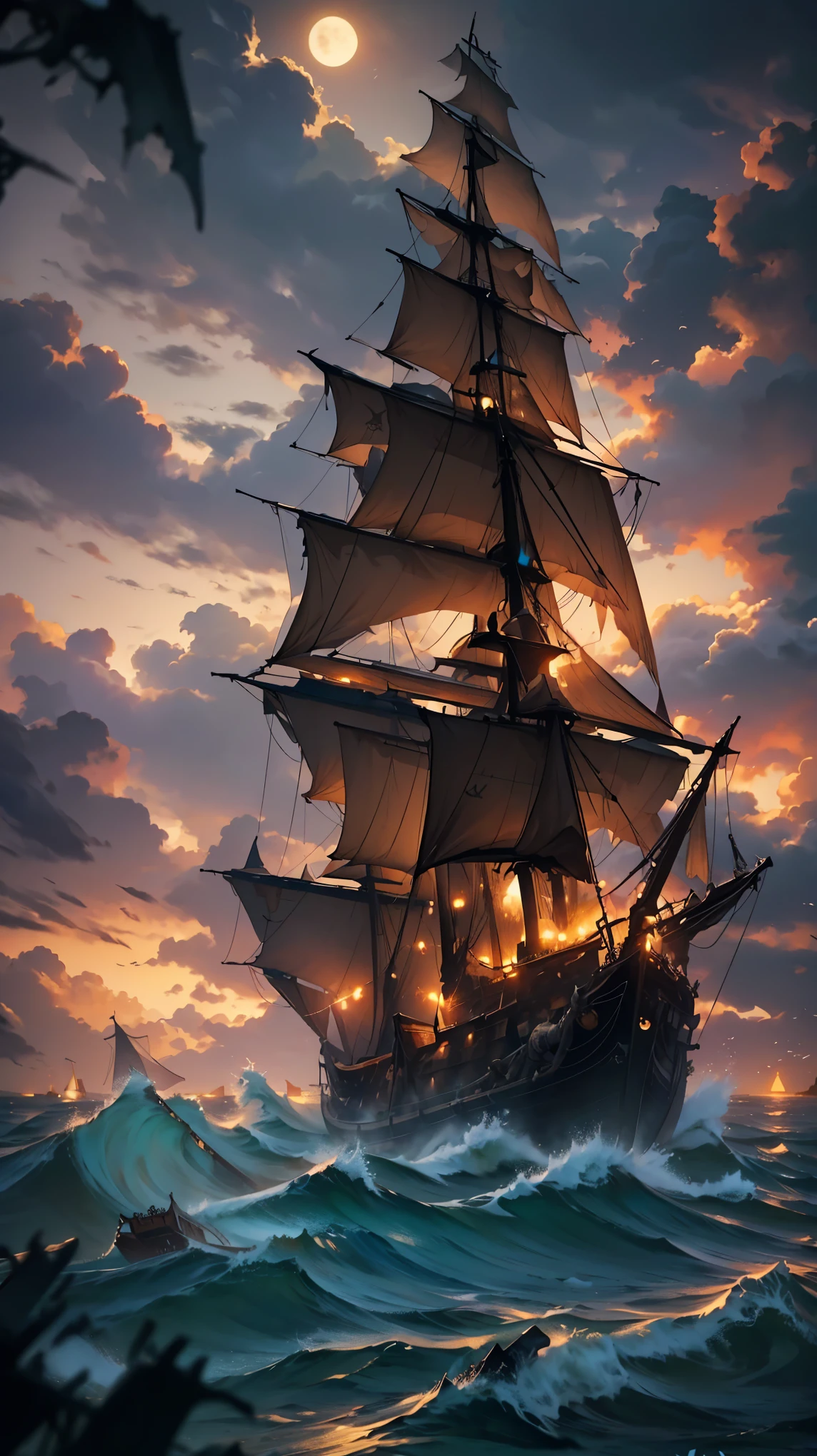 there is a Ship that is floating in the ocean at night, a Ship lost in a storm, gothic Ship on ocean, Ship at sea, dramatic nautical scene, Storm at sea, in rough seas with big waves, Shipwreck, old pirate Ship, on a pirate Ship background, The Flying Dutchman, Apocalyptic stormy seas, Stormy seas, Night sea storm, Ship