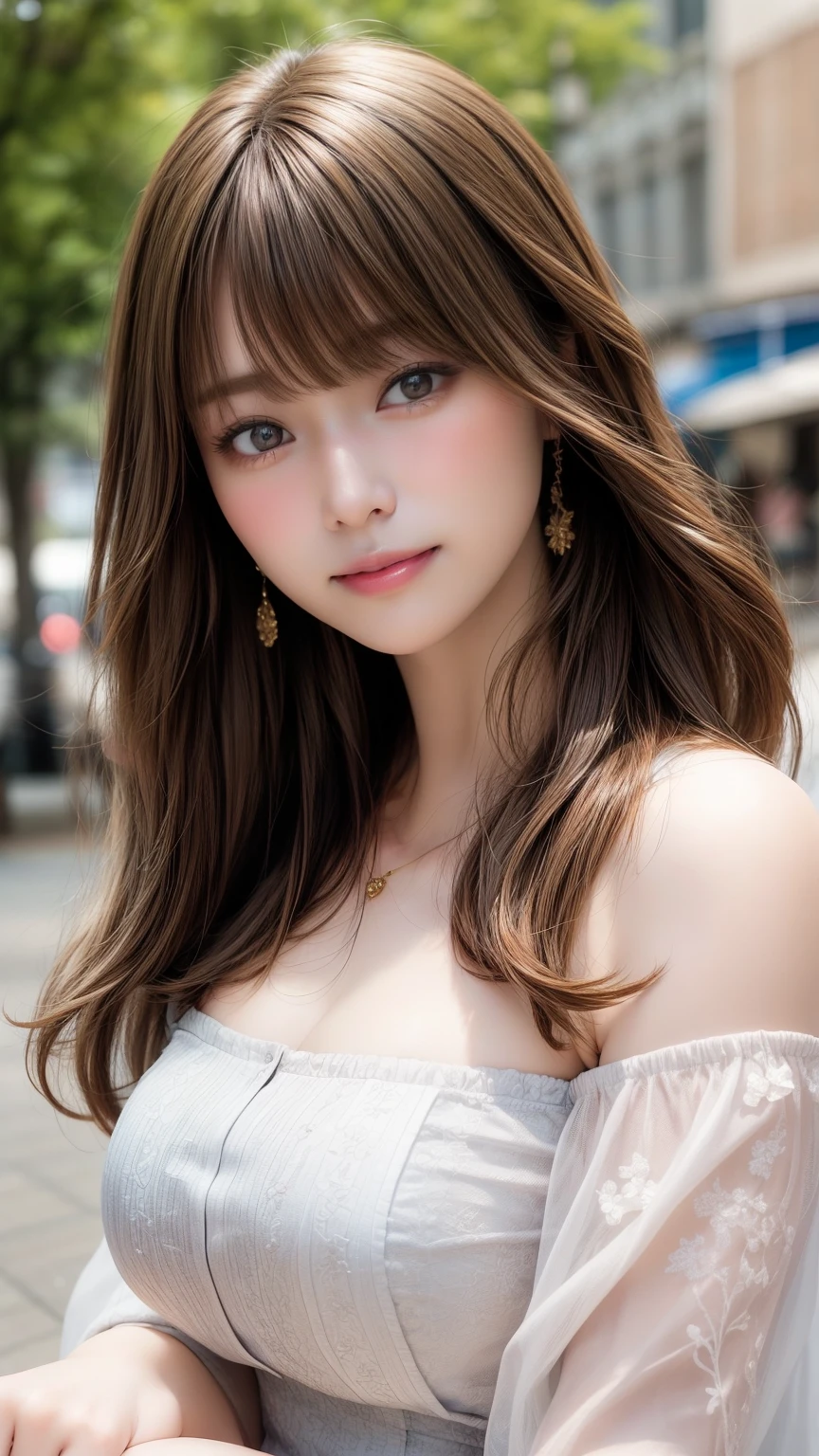 Upper body photo、Take close-up photos of your face、Large Breasts、 Large Breastsの谷間, Natural Lip、Fair skin、Great light、Beautiful lighting、Brown Hair、Blunt bangs、Detailed embroidery、Off-the-shoulder dress、Gorgeous Accessories、Outdoor Background、smile、かわいいsmile、Crowds in the city