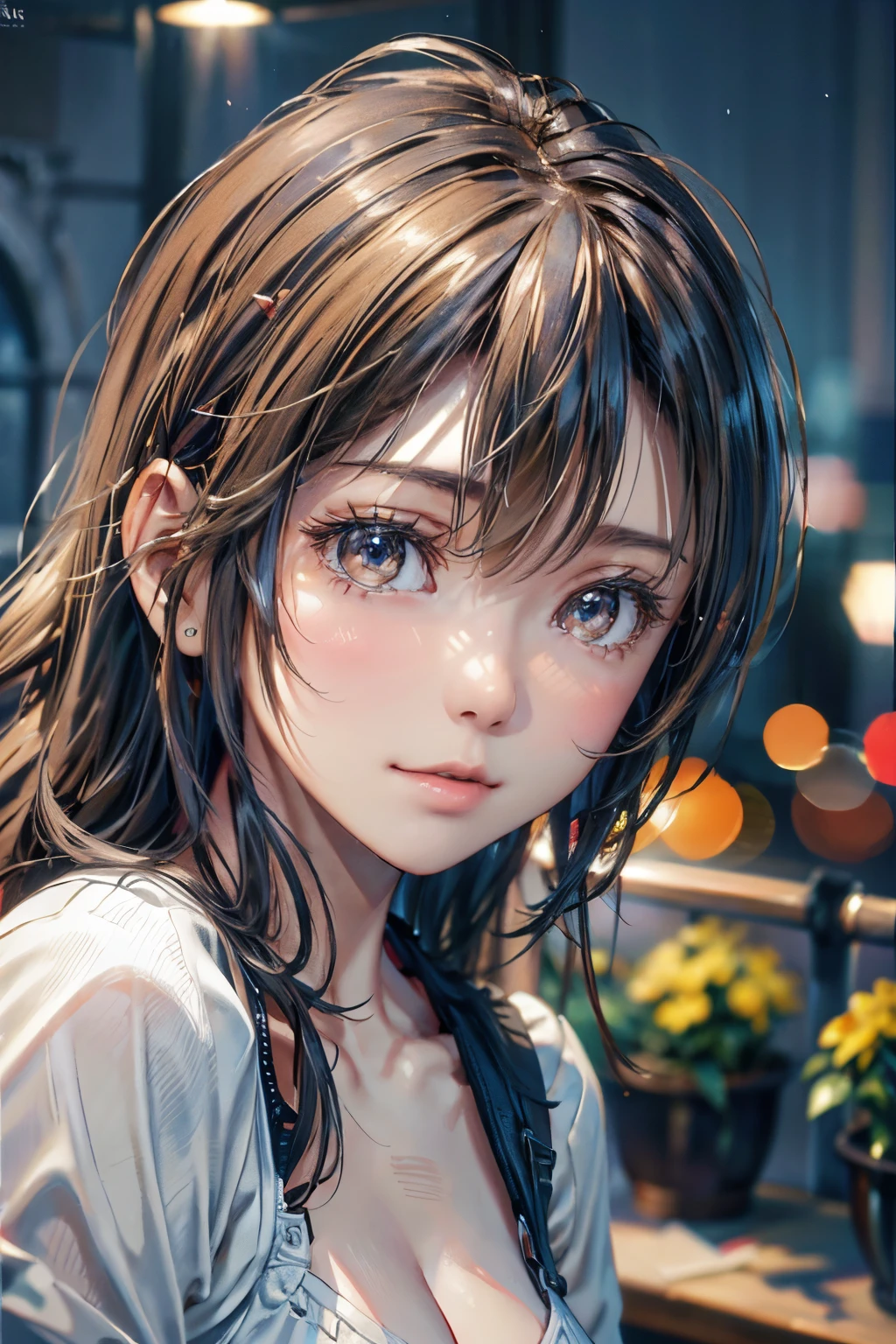 (Tabletop), Natural light, Realistic, Camel Toe, Diffuse Light, Depth of written boundary, highest quality、Professional Lighting、Best image quality、masterpiece、The background is of the best quality、The background is professional lighting、Portrait、There is a purely village frame、high school student、Baby Face、The background is a fantastic night cityscape、