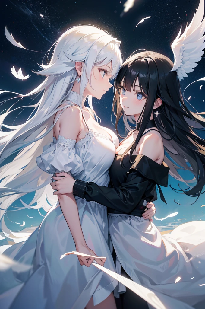 There are two women They both smile and look at each other The two of them are embracing each other on a lake in the forest. One has long white hair and the other has short black hair. The white-haired person has large white earrings, wears a white camisole, and has a large white wing. The white-haired one has big breasts and is tall. The black-haired person has black earrings, is wearing a black camisole, and has a small wing. People with black hair are short and have small breasts. We both have angel halos shooting star Streaks of Light Big full moon Fantasy Shining Eyes Look this way Fluffy hair fluffy feathers Particles of light Backlight