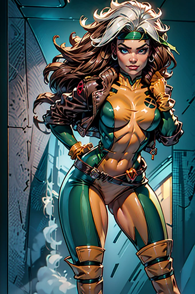 Savage, Classic, Southern Belle, Superhero, Rogue, Xtreme, breasts, blue eyes, medium breasts, jacket, open clothes, belt, open jacket, covered navel, headband, cropped legs, leather, leather jacket, green bodysuit, EarthPorcelain, 