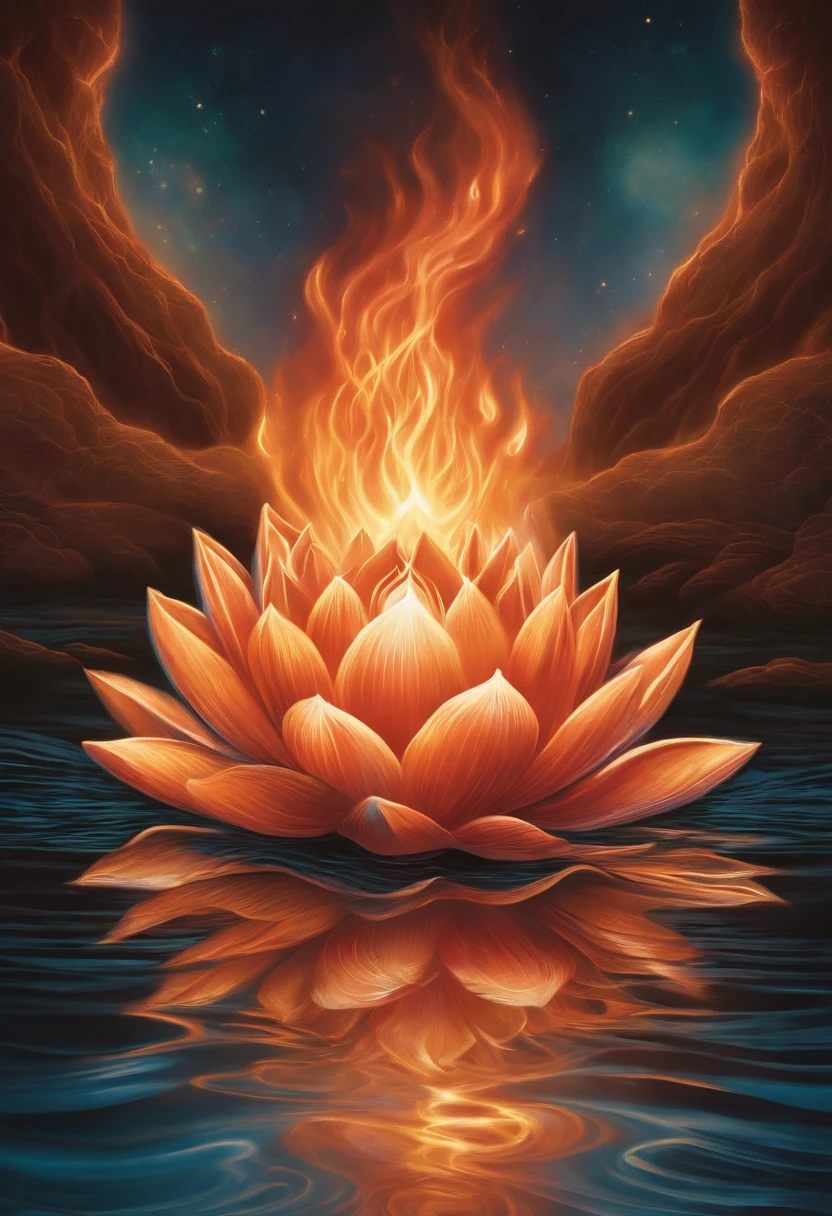 um flor de lotus em chama, a close-up of a reflection of fire and water on a surface, Jen Bartel, holy fire spell art, Dan Mumford e Alex Grey Estilo, Fire reflection, fire and water, Aura de poder. circunstanciado, solstice fire, holy flame spell, Directed by: Jason Benjamin, holy flame crown spell, digital illustration radiating, energy flows of water and fire, lotuses