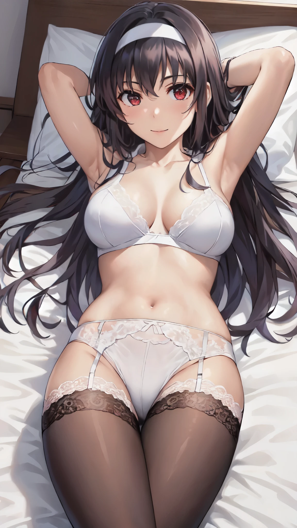 (masterpiece, highest quality), One girl,(lie on one's back:1.5), (18-year-old:1.4),lying,anime,Aesthetic Anime Eyes,Smile,alone, Long Hair, (Black Pantyhose), (Black Hair), Long Straight Hair,Red eyes, large breasts,White hair band, bangs,Bedroom,bed,(arms behind back),White pillow,(White lace underwear:1.4),,(spread legs:1.4)