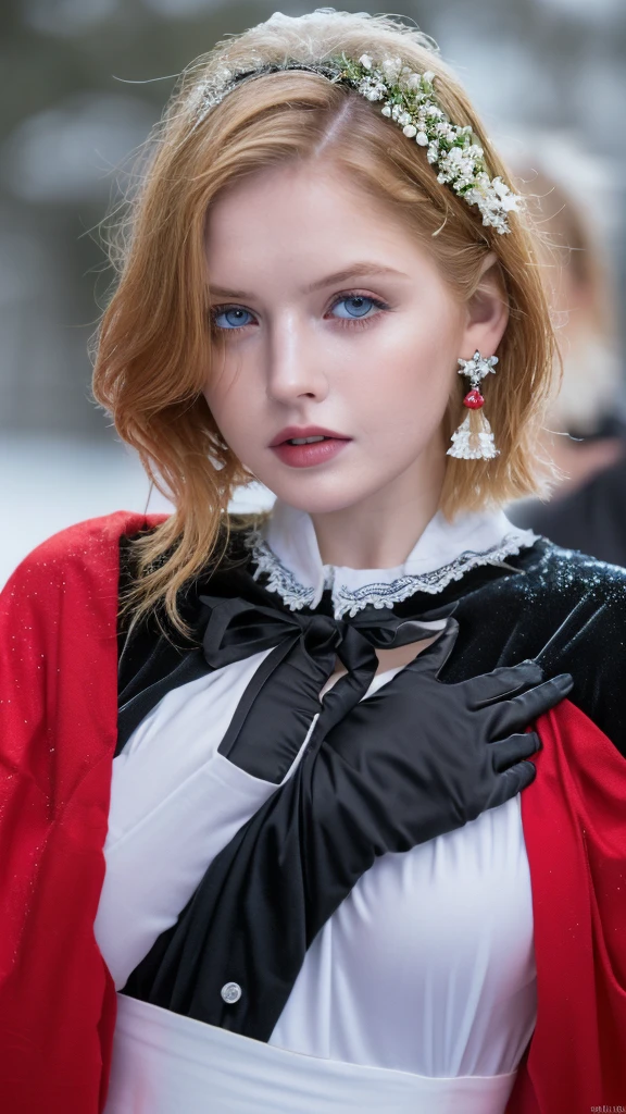 1 miniature Beautiful beautiful woman - Yuan Sayuki, ((top quality, 8K, Masterpiece:1.retty woman, 1 woman, huge breasts:1.3, a slim body:1.1, lush GINGER short hair, (shower, wet body, wet clothes:1.1), very detailed face, detailed lips, detailed eyes, double eyelids, Detailed blue eyes, чрезвычайно Detailed Outstanding Blue Eyes, short GINGER wet hair, GINGER wet hair, Detailed Outstanding Blue Eyes, innocent look at the viewer, very wet wavy white hair, Detailed Outstanding Blue Eyes, huge cross earrings, Outdoors, badges behind, gothic maid uniform, sexy maid dress, bare chest, huge chest tattoo, detailed huge catholic cross earrings, chest tattoo, Outside, wear a silver cross (Detailed cross shape), reality mode, wet breasts, black necklace, human crowd behind, black latex gloves, hair of white snowy colour, night time, red neon lights, demonic nun, nimbus (golden lighting ring above her head), angel, snowy weather, sexy pose, white lingerie, black maid dress, detailed flower wreath made of different colours, open chest