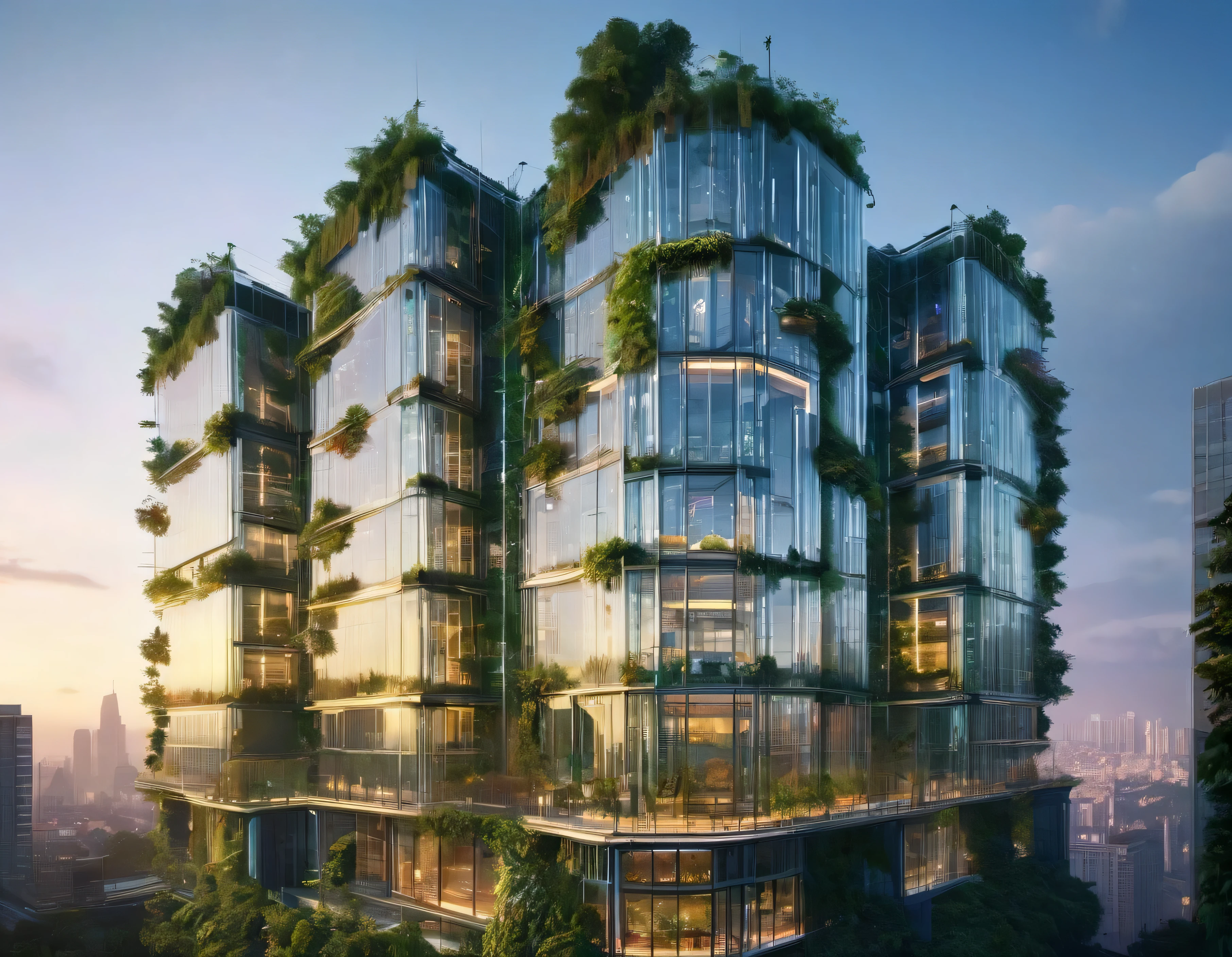 A sleek and modern (((futuristic building))), with (((transparent glass walls))), reflecting a (vibrant cityscape) bathed in the glow of evening twilight. Luxurious (plants) adorn the structure, their vivid greens and healthy foliage melding seamlessly with the futuristic lines of the building's design. A sophisticated (interior electronics panel) in contrasting hues of (yellow, blue, and red) completes the picture of a (future-forward architectural marvel)