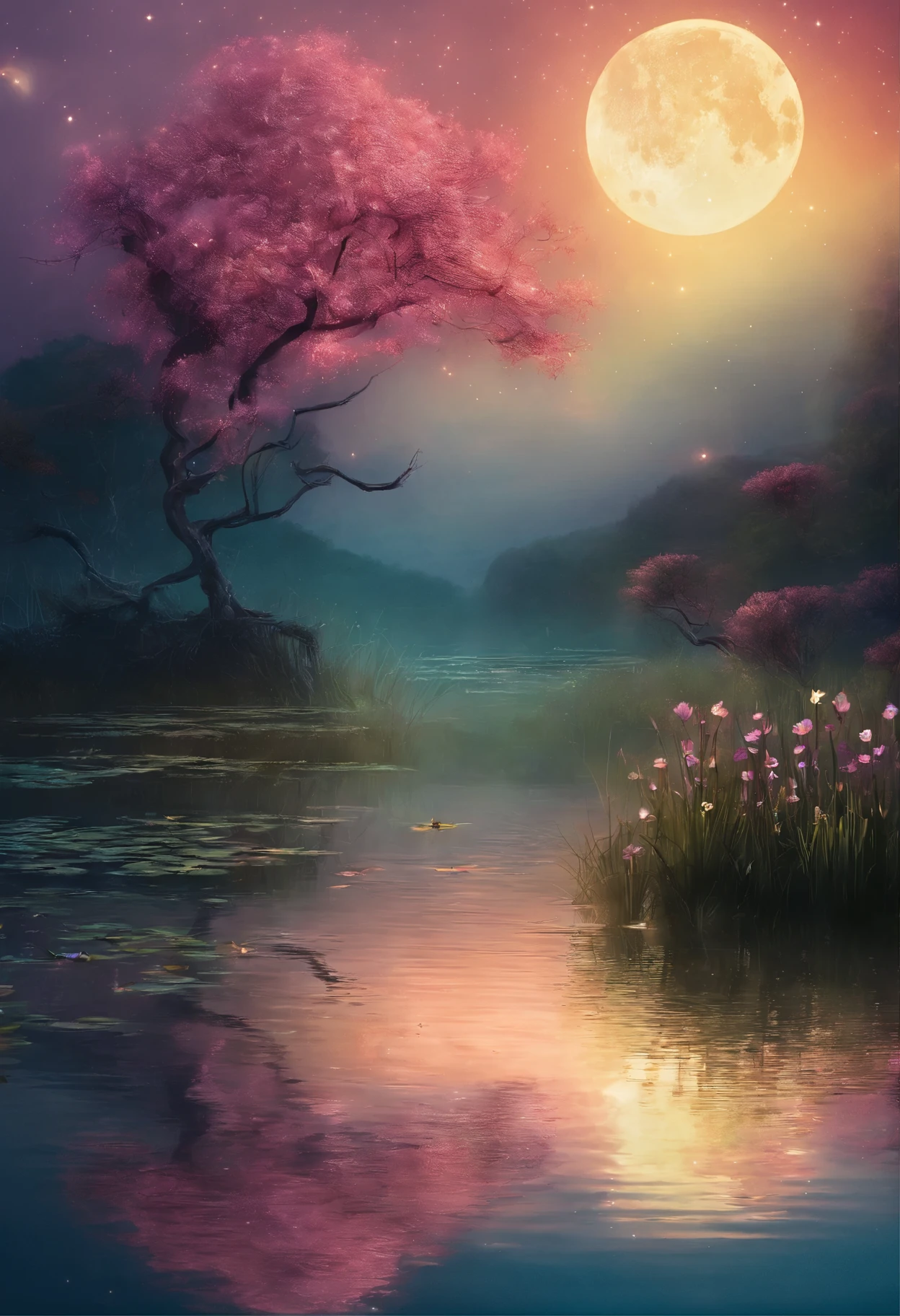 (masterpiece,Real photography,Simple composition:1.5),night,moonlight over lotus pond,Beautiful artistic conception,Realistic style,Magnificent atmosphere,nimbus,Fantasy