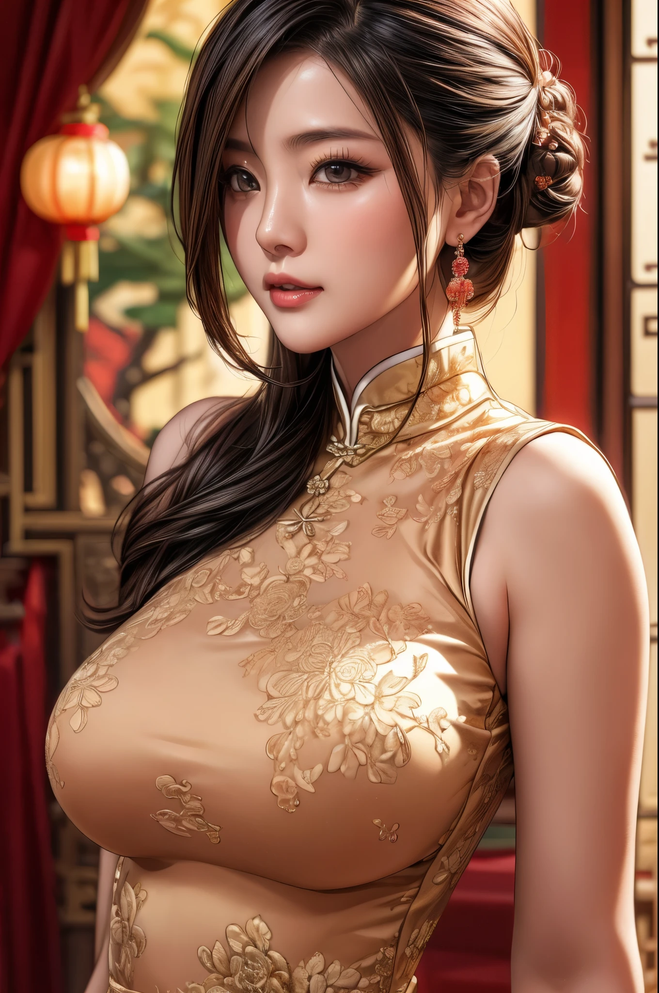 High resolution, adult woman , good lighting, despicable, , (nudity), (((China dress))), ((gold)), ((())), (garter belt), abdomen only, (),  ,  cute face, I&#39;m embarrassed and blush, humiliating, ((turn around and look back)), ((See-through))()(T-back)(a large amount of  is on the body,)