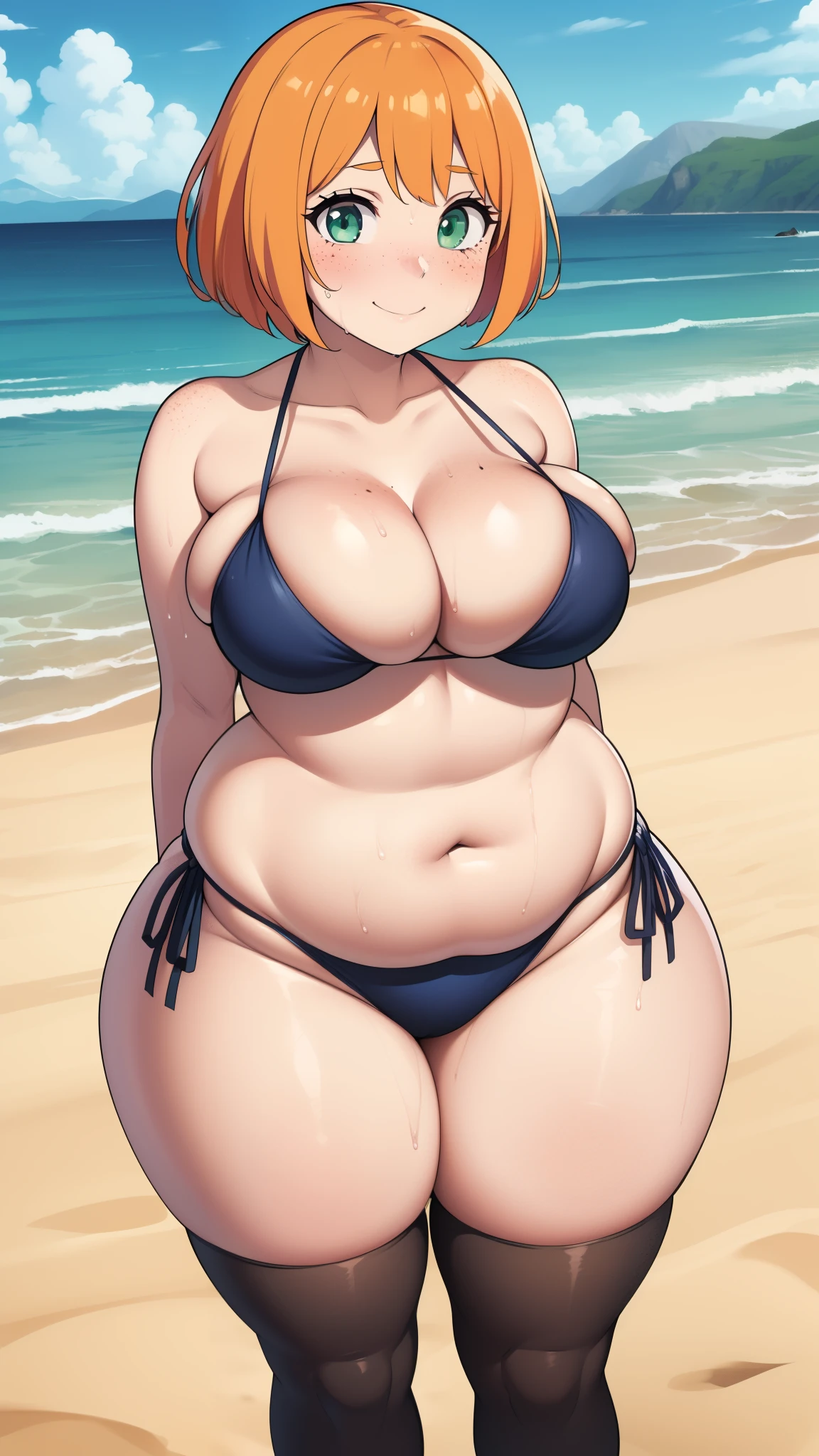 ((highres)), Masterpiece, high quality, best quality, beautiful, perfect lighting, detailed face, ultra cute face, ((1girl)), ((solo), short fluffy orange hair, green eyes, freckles, pale skin, ((blush)), sweet smile, looking at viewer, arms behind back, standing on a beach, (beach), wet, daytime, side tie bikini, (((thick thighs))), ((wide hips)), cleavage, medium breast, chubby, 20 year old female, 