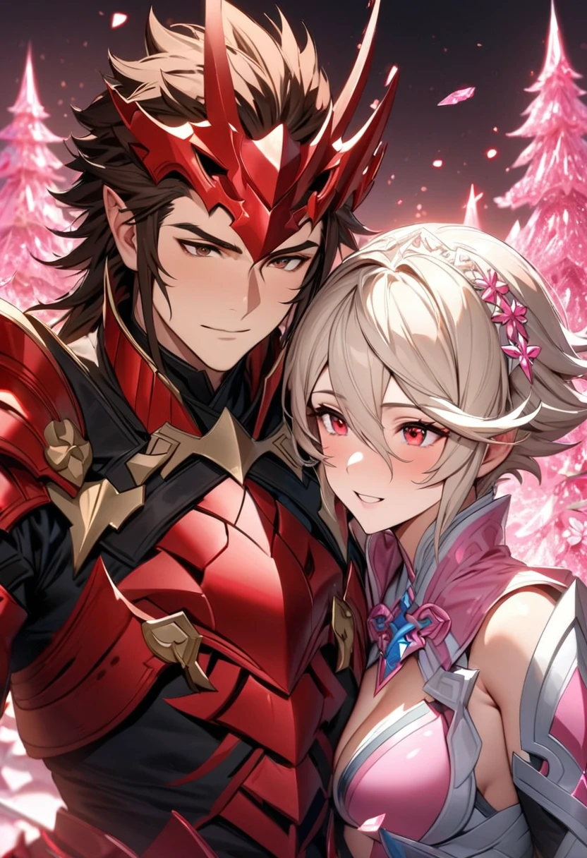 absurdres, highres, ultra detailed, HDR, masterpiece, extremely detailed face and eyes, Ryoma, brown hair, expressive brown eyes, Fire Emblem Fates, Corrin, white short hair, expressive red eyes, two men together, gay couple, handsome, white and black fantasy clothes, pink ice trees, pink ice butterflies, pink ice flowers, pink ice fantasy