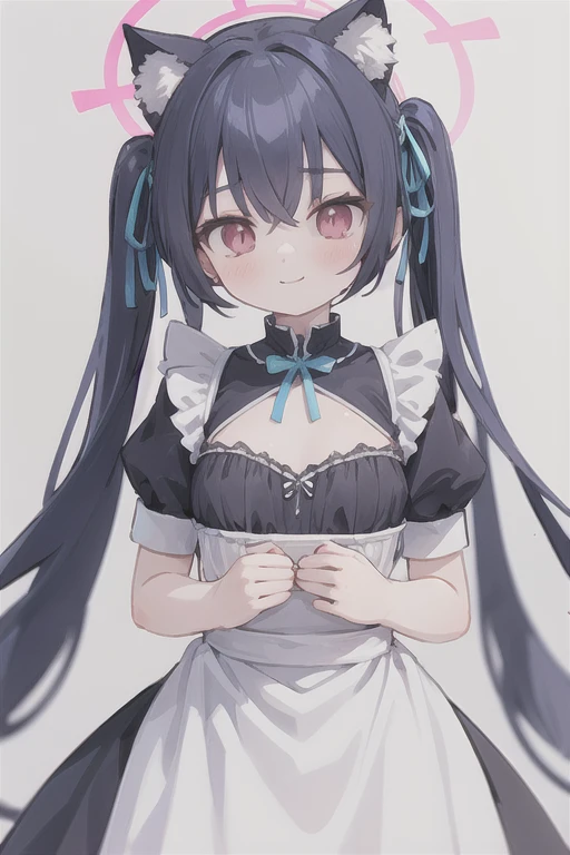 serika_bluearchive,cat ears,looking at viewer, little smile,pure white maid dress, maid, slim, dizzy, big-chest, wide hips, perfect waist, day atmosphere, hair ornament,