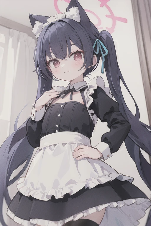 serika_bluearchive,cat ears,looking at viewer, little smile,pure white maid dress, maid, slim, dizzy, big-chest, wide hips, perfect waist, day atmosphere, hair ornament,