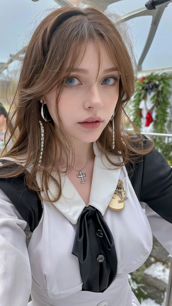 1 miniature Beautiful beautiful woman - Yuan Sayuki, ((top quality, 8K, Masterpiece:1.retty woman, 1 woman, huge breasts:1.3, a slim body:1.1, lush GINGER short hair, (shower, wet body, wet clothes:1.1), very detailed face, detailed lips, detailed eyes, double eyelids, Detailed blue eyes, чрезвычайно Detailed Outstanding Blue Eyes, short GINGER wet hair, GINGER wet hair, Detailed Outstanding Blue Eyes, innocent look at the viewer, very wet wavy white hair, Detailed Outstanding Blue Eyes, huge cross earrings, Outdoors, badges behind, gothic maid uniform,  sexy maid dress, bare chest, huge chest tattoo, detailed huge catholic cross earrings, chest tattoo, Outside, wear a silver cross (Detailed cross shape), reality mode, wet breasts, black necklace, human crowd behind, black latex gloves, hair of white snowy colour, night time, red neon lights, demonic nun, nimbus (golden lighting ring above her head), angel, snowy weather, sexy pose, white lingerie, black maid dress, detailed flower wreath made of different colours, open chest