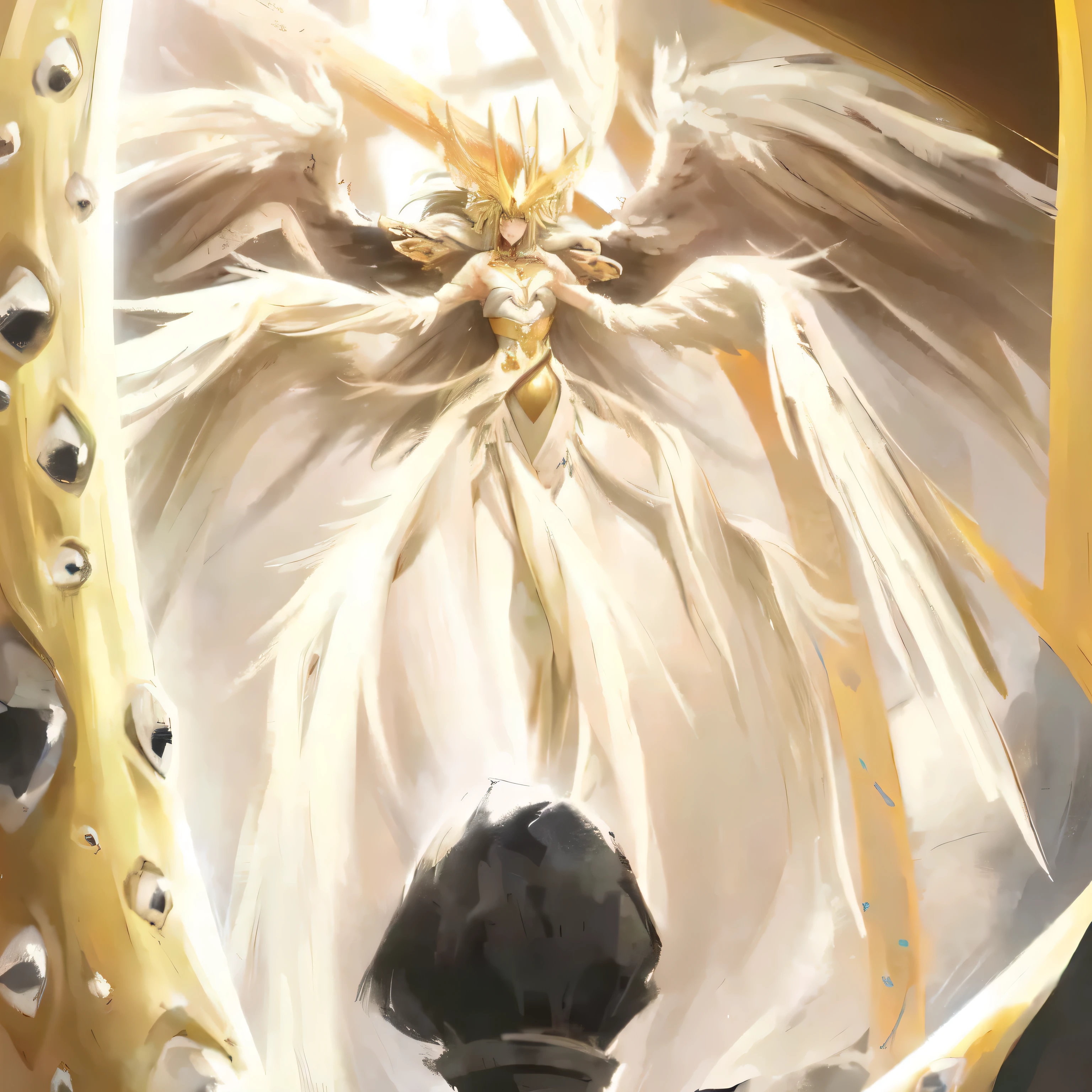 there is a painting of a woman with a large bird on her head, detalhes finos. anime. tentacles, epic anime art, detailed Arte de anime, arte detalhada de anime, angel watching demon, huge wings growing on arms, inspirado em Takeshi Obata, albedo de overlord, Arte de anime, por Shingei, arte de yugioh