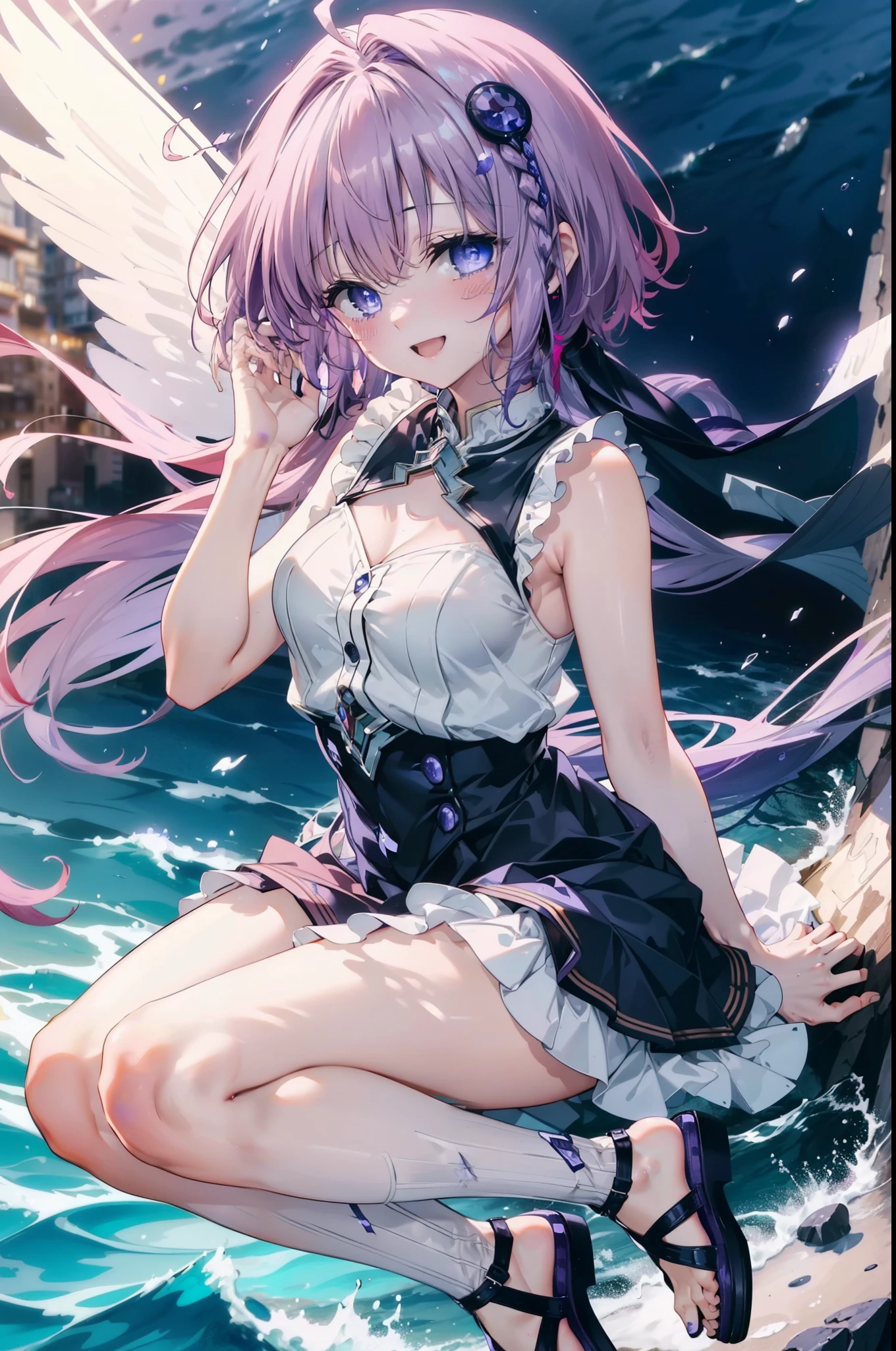 1 girl, masterpiece, top quality, fair skin, golden eyes, big eyes, dark purple hair, side tail, frills on shorts, black belt, red jewel, water