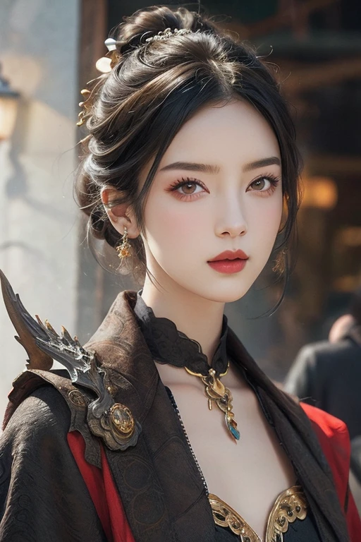 Beautiful woman with red eyes posing for elegant photo with black giant dragon, arpino,Gray Hair,Face to face, Ultra-realistic, Clear images