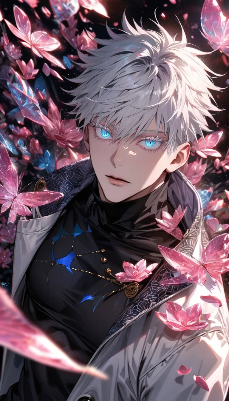 Ultra detailed, Highres, absurdres, HDR, Gojou Satoru, white hair with bangs, expressive blue eyes, white eyelashes, Jujutsu Kaisen, white long coat with patterns, pink ice flowers, petals, extremely handsome, sexy man, solo, extremely detailed eyes and face, black gloves, pink ice, pink ice butterflies, black tight t-shirt, black pants,