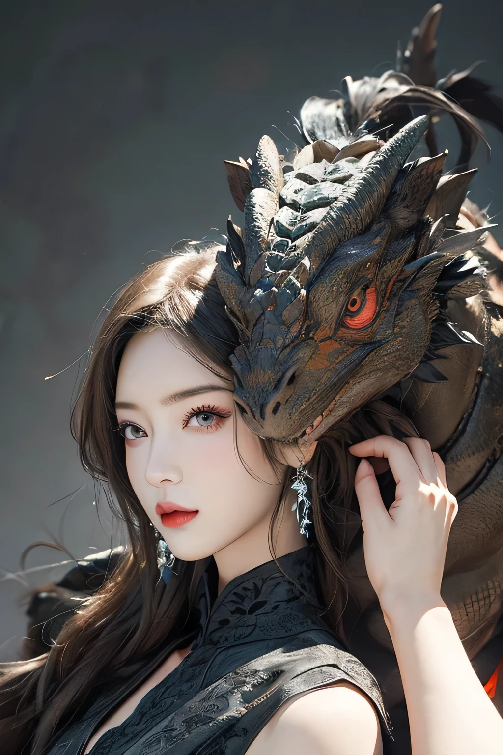 Beautiful woman with red eyes posing for elegant photo with black giant dragon, arpino,Gray Hair,Face to face, Ultra-realistic, Clear images
