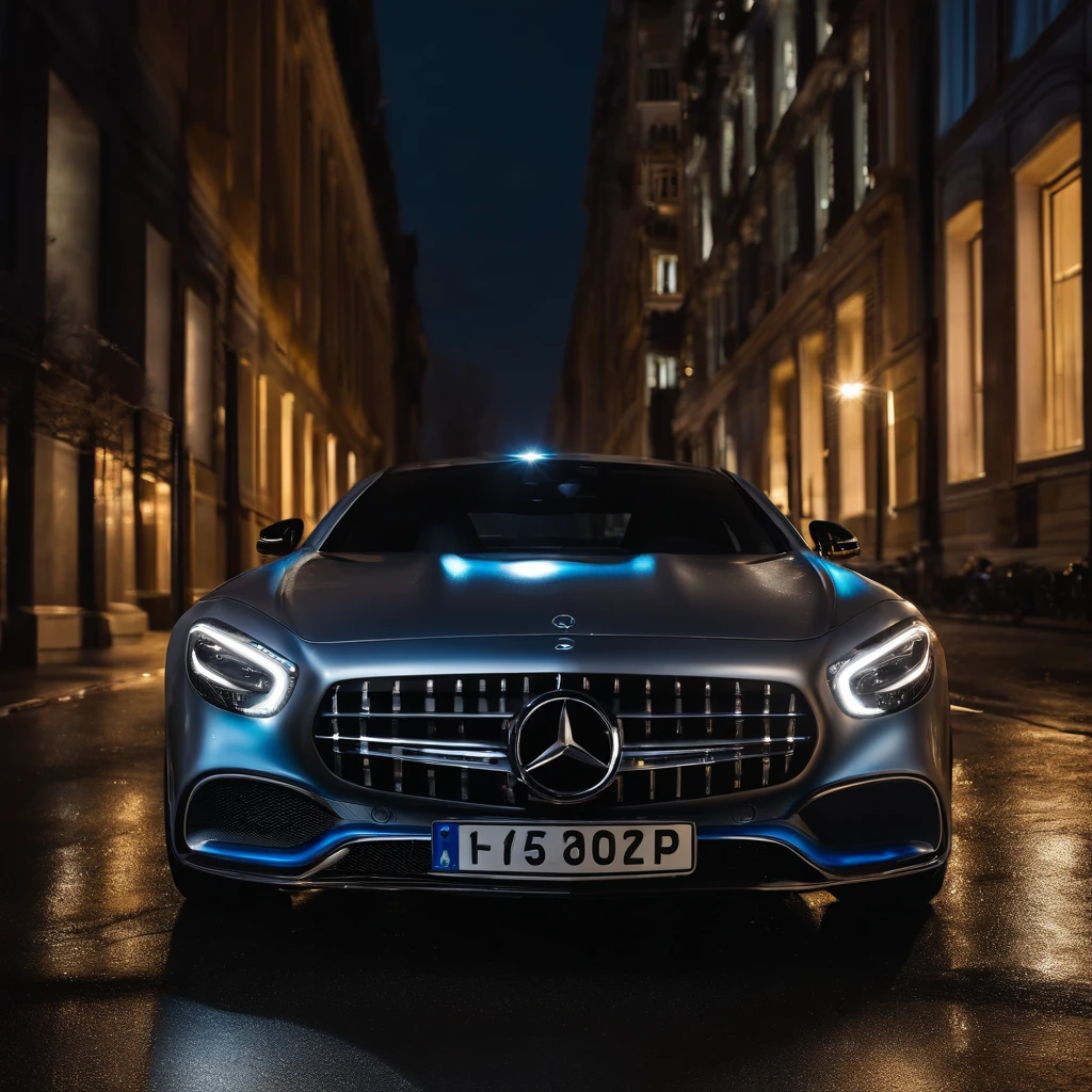 1car, full car, Mercedes Benz grey, golden tire rims, black mirror glass, in background night, zoom out buildings, blue lights,