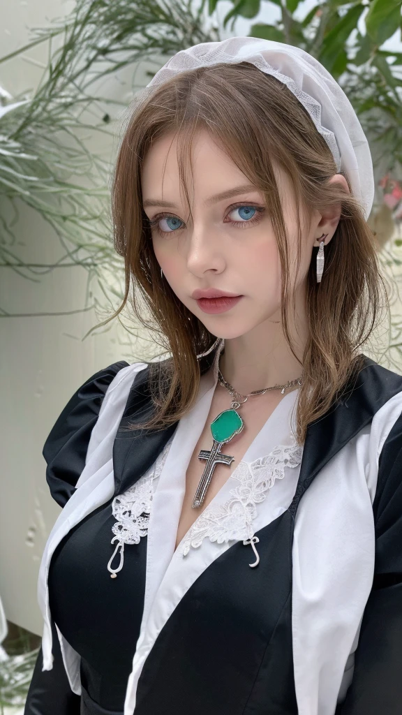 1 miniature Beautiful beautiful woman - Yuan Sayuki, ((top quality, 8K, Masterpiece:1.retty woman, 1 woman, huge breasts:1.3, a slim body:1.1, lush GINGER short hair, (shower, wet body, wet clothes:1.1), very detailed face, detailed lips, detailed eyes, double eyelids, Detailed blue eyes, чрезвычайно Detailed Outstanding Blue Eyes, short GINGER wet hair, GINGER wet hair, Detailed Outstanding Blue Eyes, innocent look at the viewer, very wet wavy white hair, Detailed Outstanding Blue Eyes, huge cross earrings, Outdoors, badges behind, gothic maid uniform,  sexy maid dress, bare chest, huge chest tattoo, detailed huge catholic cross earrings, chest tattoo, Outside, wear a silver cross (Detailed cross shape), reality mode, wet breasts, black necklace, human crowd behind, black latex gloves, hair of white snowy colour, night time, red neon lights, demonic nun, nimbus (golden lighting ring above her head), angel, snowy weather, sexy pose, white lingerie, black maid dress, detailed flower wreath made of different colours, open chest