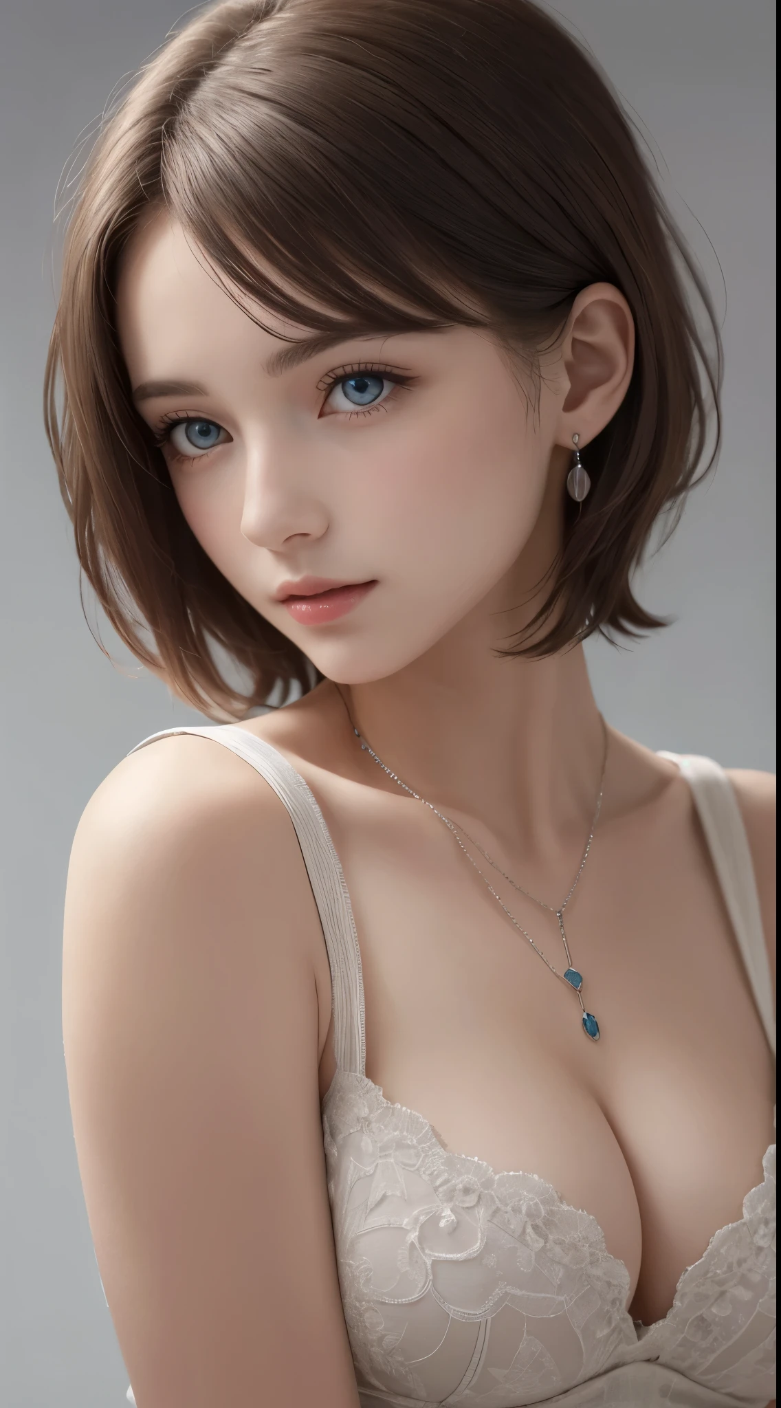 ,(((highest quality, 8k, masterpiece))), Sharp focus, (perfectionな体型を持つ美しい女性), thin, Cinema Lighting、perfection、Soft Light、High Resolution Skins:1.3、Realistic skin texture、30 years old、Small face、No makeup、short hair、Dark brown hair、Beautiful eyes in every detail、Bust B cup、Wearing a pendant、Slim figure、Gray background、