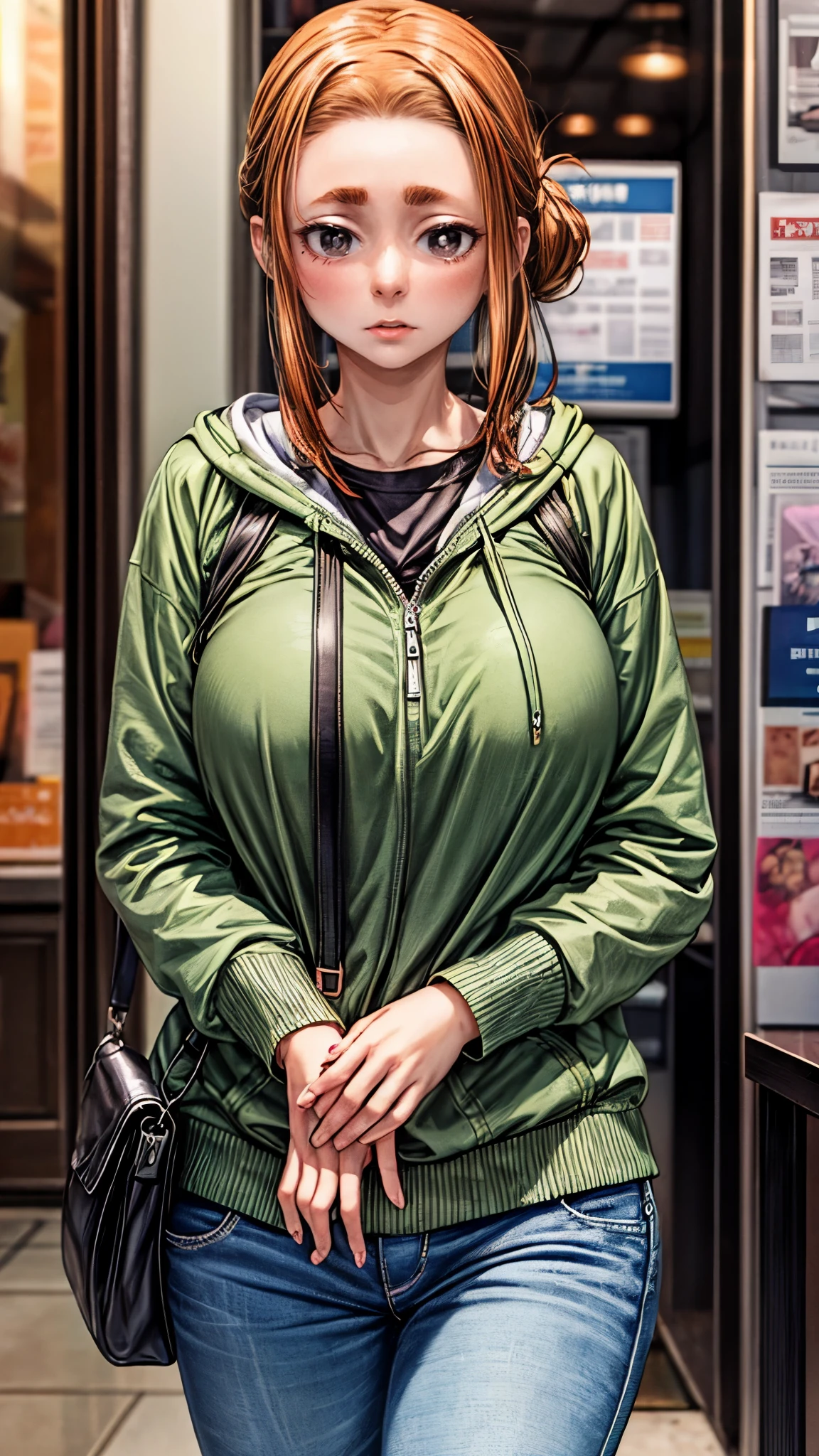 (masterpiece, best quality:1.2), solo, 1girl, ogawa sumireko, ((white pupils)), detailed eyes, hair up, half eyebrows, hood, green jacket, open jacket, ((wering sweater, detailed sweater, jeans pants)), thick body, fullbody: 1.5, long sleeves, upper body, bookstore, indoors, depth of field, large breasts, mature female, breasts squeezed together, v arms, looking at viewer, embarrassed, blush, csr style texture