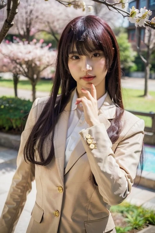 best quality, ultra high res, (photorealistic:1.4), 1girl, expressionless, gokou ruri, gokou_ruri, gokou_ruri_normal, perfect hand, perfect finger, upper body, close range, city park, cinematic lighting, sun ray, lens flare, komorebi, cherry blossom