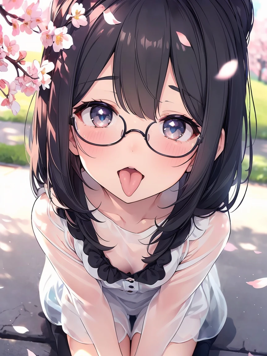 Very detailed, highest quality, High resolution, Moe Anime, ((A cute girl with black hair and droopy eyes is wearing round glasses.)), (Baby Face), Cute eyes, Detailed eye depiction, Sparkle in the eyes, View your viewers, Pale skin, (Big eyes:1.4), smile, Focus on the face, In the park with cherry blossoms falling, On all fours, (Extreme close up of tongue), (((From above))), Open your mouth, (((Face only:1.3))), ((See-through blouse)), Bright Eyes, Light from the front, (Put your hands between your legs:1.4), large and long tongue