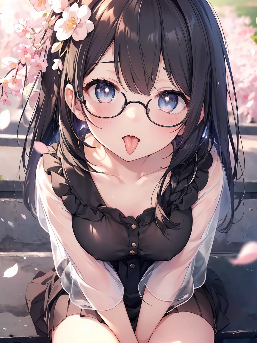 Very detailed, highest quality, High resolution, Moe Anime, ((A cute girl with black hair and droopy eyes is wearing round glasses.)), (Baby Face), Cute eyes, Detailed eye depiction, Sparkle in the eyes, View your viewers, Pale skin, (Big eyes:1.4), smile, Focus on the face, In the park with cherry blossoms falling, On all fours, (Extreme close up of tongue), (((From above))), Open your mouth, (((Face only:1.3))), ((See-through blouse)), Bright Eyes, Light from the front, (Put your hands between your legs:1.4), large and long tongue