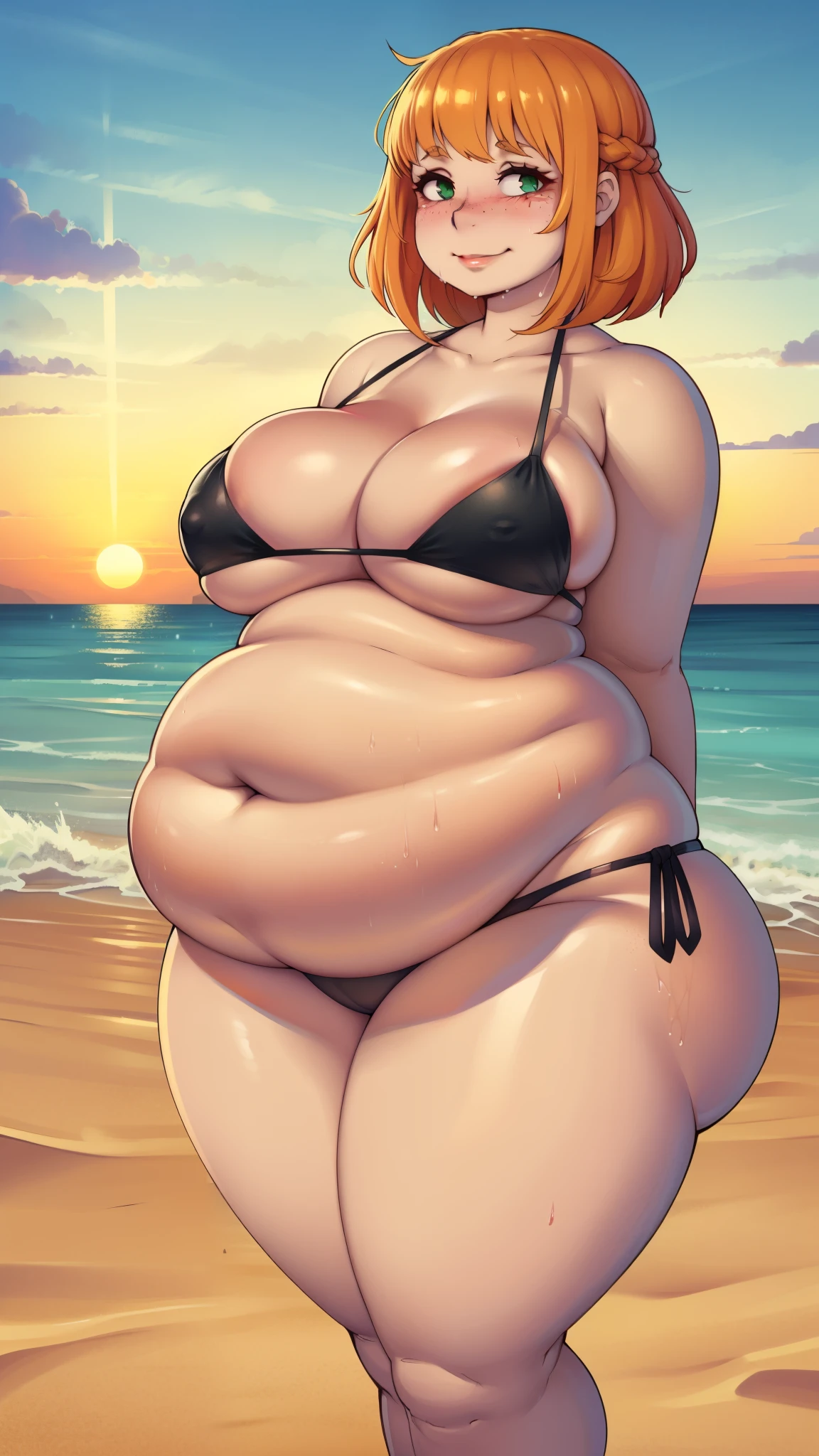 ((highres)), Masterpiece, high quality, best quality, beautiful, perfect lighting, detailed face, ultra cute face, ((1girl)), ((solo), short fluffy orange hair, green eyes, freckles, pale skin, ((blush)), sweet smile, looking at viewer, arms behind back, standing on a beach, (beach), wet, daytime, side tie bikini, (((thick thighs))), ((wide hips)), cleavage, medium breast, chubby, 20 year old female,