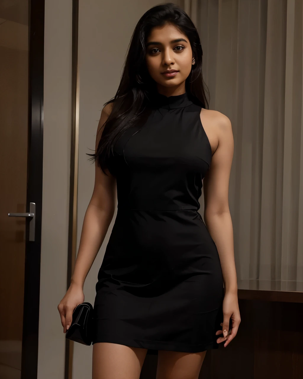 Tanvi in a black sleek cocktail dress. Realistic, best quality image.