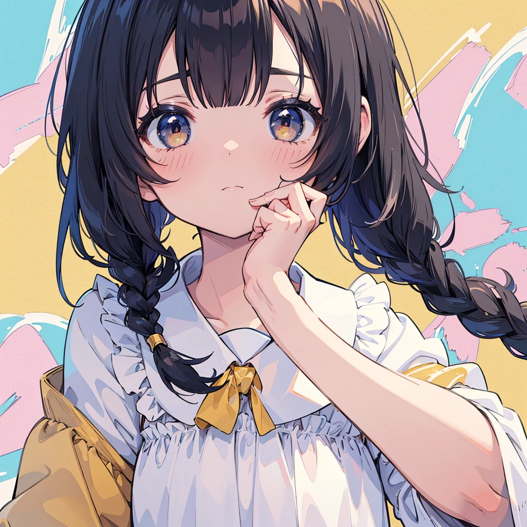 Top Quality, Masterpiece, High Resolution, 8k, Pastel Colors, Anime Style Girl, Light Clothing, One Girl, (Covered One's Cheek with One's Hands): 1.4, Blush, Detailed Line Art, Bright White and Bright Amber Style, Digital Enhancement, Anime Core, Flowing Fabric, Close Up, Hair Length and Short Braids to Shoulder Opening, Beautiful Black Hair, Bust-up
