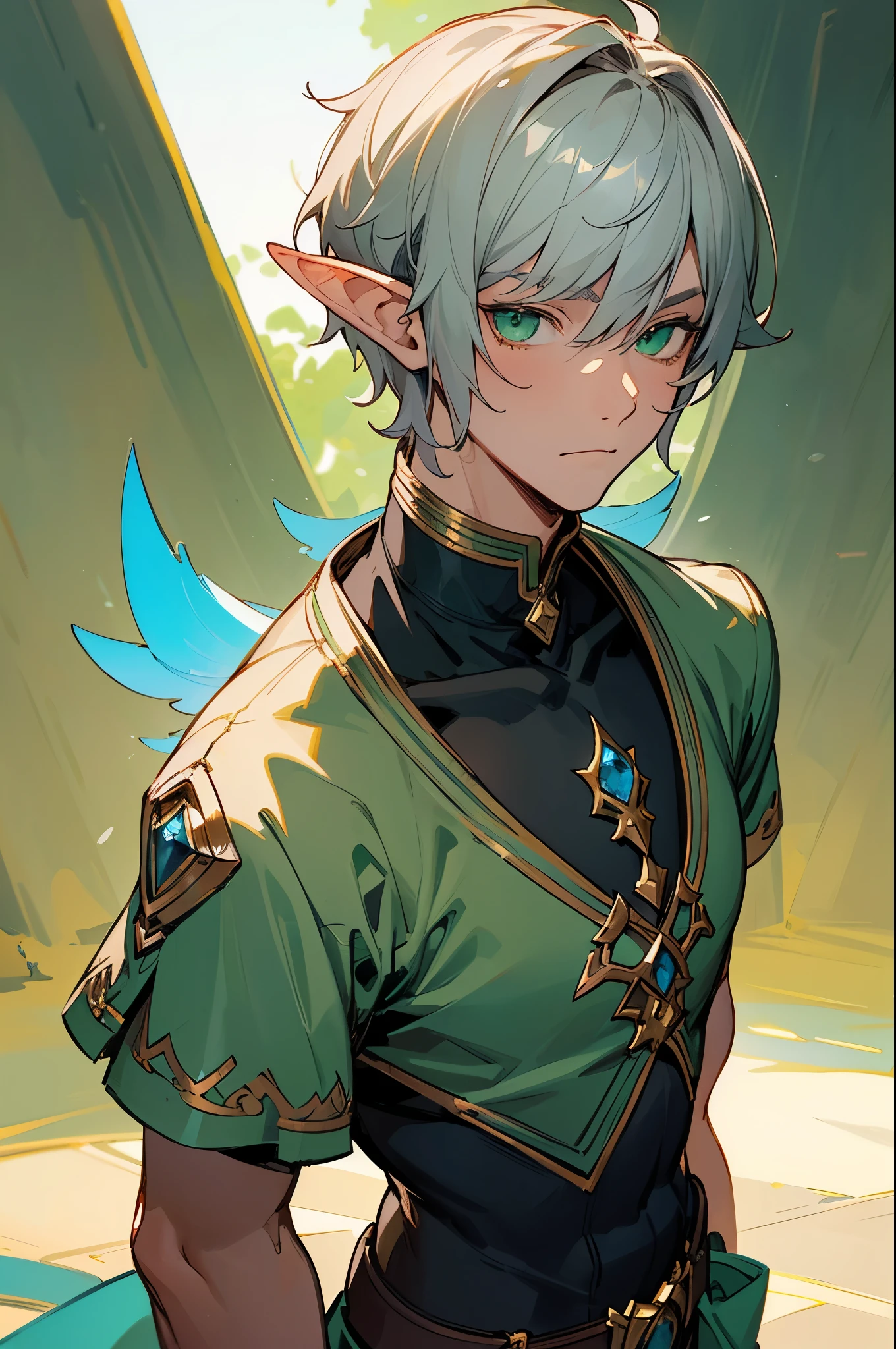 masterpiece, best quality, 1man, adult, male focus, solo, gray hair, vibrant green eyes, short hair, looking at viewer, closed mouth, Fantasy aesthetics, Highly detailed, shadowverse style, elf attire, elf ear