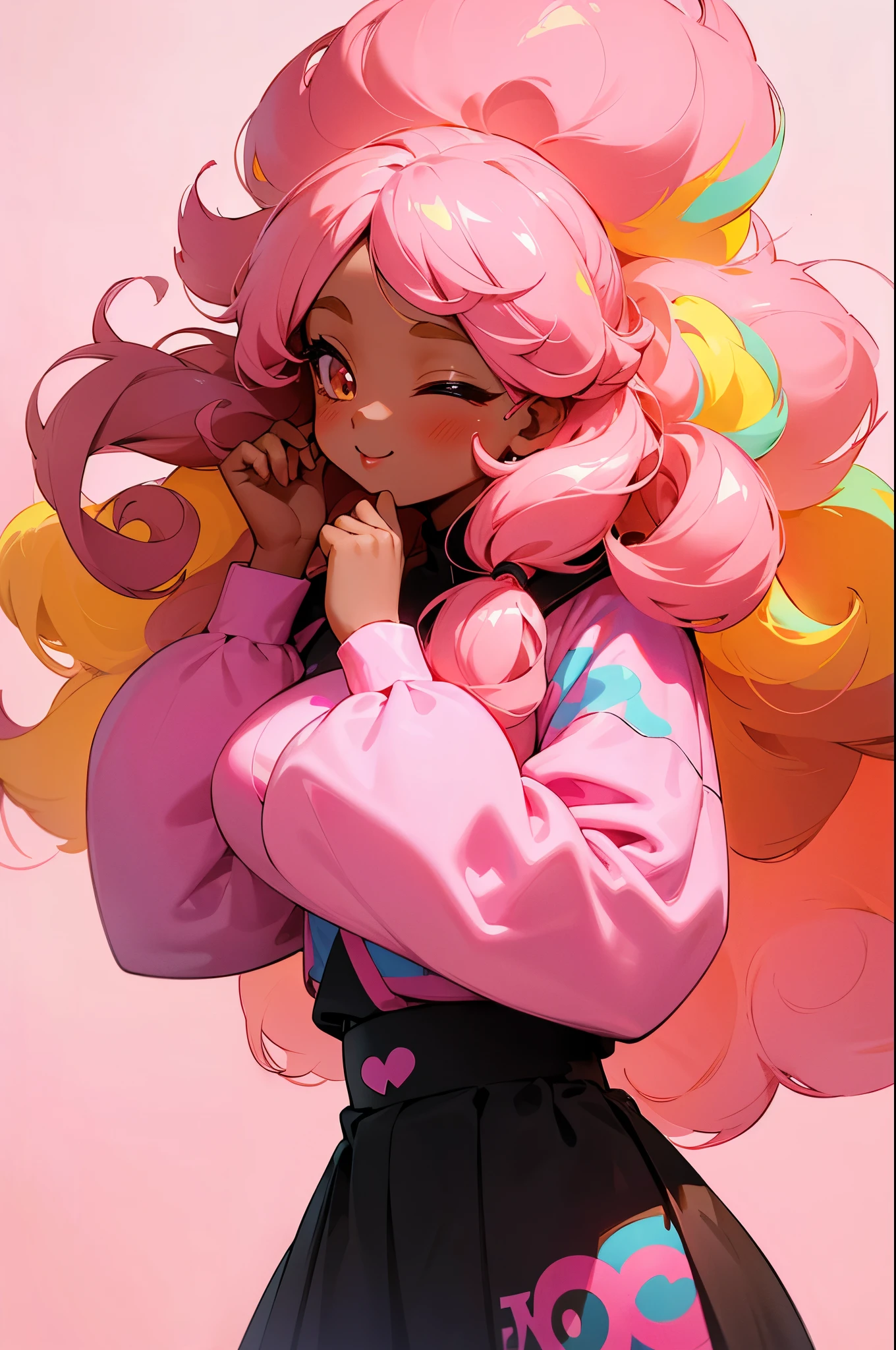 K-pop inspired fancy and cute video scene with c ute black dark tan brown skin woman aesthetic in cute clothes long curly hair bubble gum pink cute outfits angelic girl, colorful hair, curly hair, anime style, digital art, happy, eyes lightly closed, hands up, light pink sweatshirt with Neymar Jr print, dark skin female, vibrant colors, soft lighting
