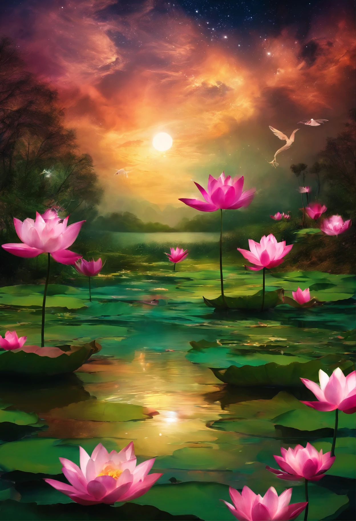 (masterpiece,Real photography,Simple composition:1.5),night,moonlight over lotus pond,Beautiful artistic conception,Realistic style,Magnificent atmosphere,nimbus,Fantasy