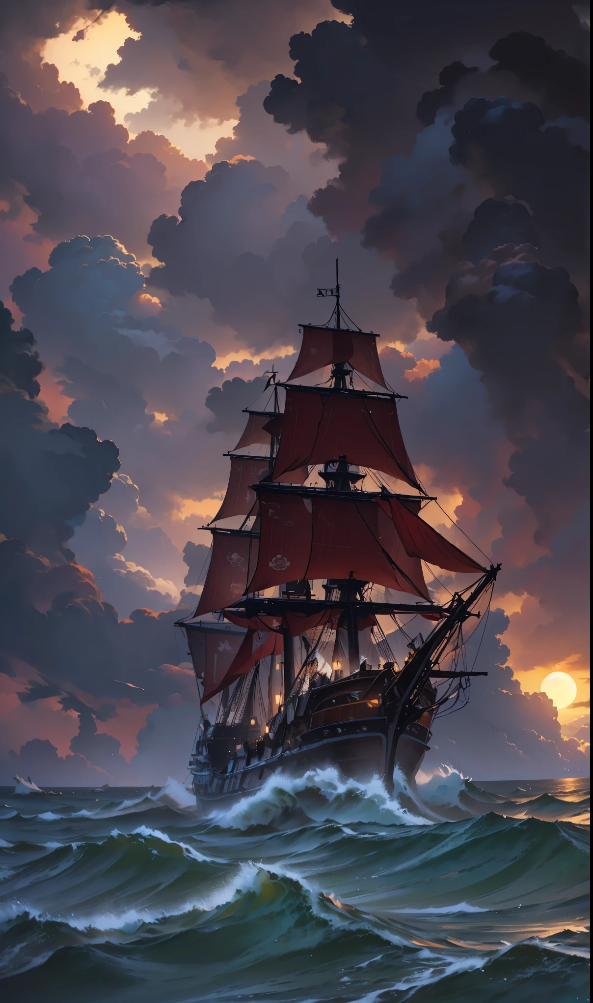 there is a Ship that is floating in the ocean at night, a Ship lost in a storm, gothic Ship on ocean, Ship at sea, dramatic nautical scene, Storm at sea, in rough seas with big waves, Shipwreck, old pirate Ship, on a pirate Ship background, The Flying Dutchman, Apocalyptic stormy seas, Stormy seas, Night sea storm, Ship