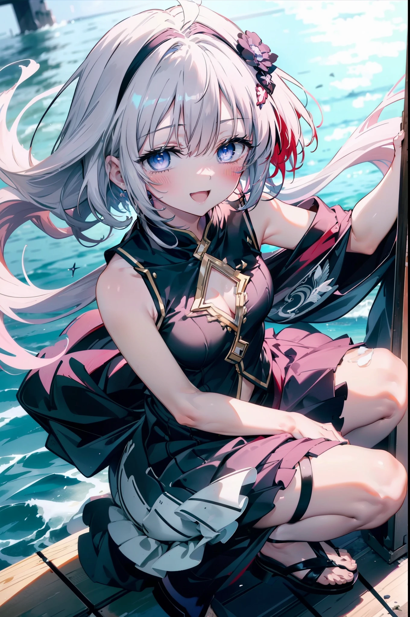 Mare, to loveる, Long Hair, Red Hair, Purple eyes,Medium chest,White Hair Band,Sleeveless dress,Long skirt,Cute Sandals,happy smile, smile, Open your mouth,smile,blush,
壊す looking at viewer,
Destroy outdoors, Coastal Pass,City Street Destroy (masterpiece:1.2), highest quality, High resolution, unity 8k wallpaper, (figure:0.8), (Detailed and beautiful eyes:1.6), Highly detailed face, Perfect lighting, Extremely detailed CG, (Perfect hands, Perfect Anatomy),