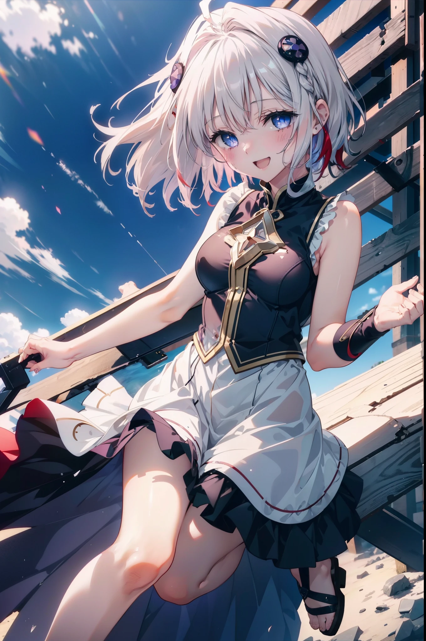 Mare, to loveる, Long Hair, Red Hair, Purple eyes,Medium chest,White Hair Band,Sleeveless dress,Long skirt,Cute Sandals,happy smile, smile, Open your mouth,smile,blush,
壊す looking at viewer,
Destroy outdoors, Coastal Pass,City Street Destroy (masterpiece:1.2), highest quality, High resolution, unity 8k wallpaper, (figure:0.8), (Detailed and beautiful eyes:1.6), Highly detailed face, Perfect lighting, Extremely detailed CG, (Perfect hands, Perfect Anatomy),