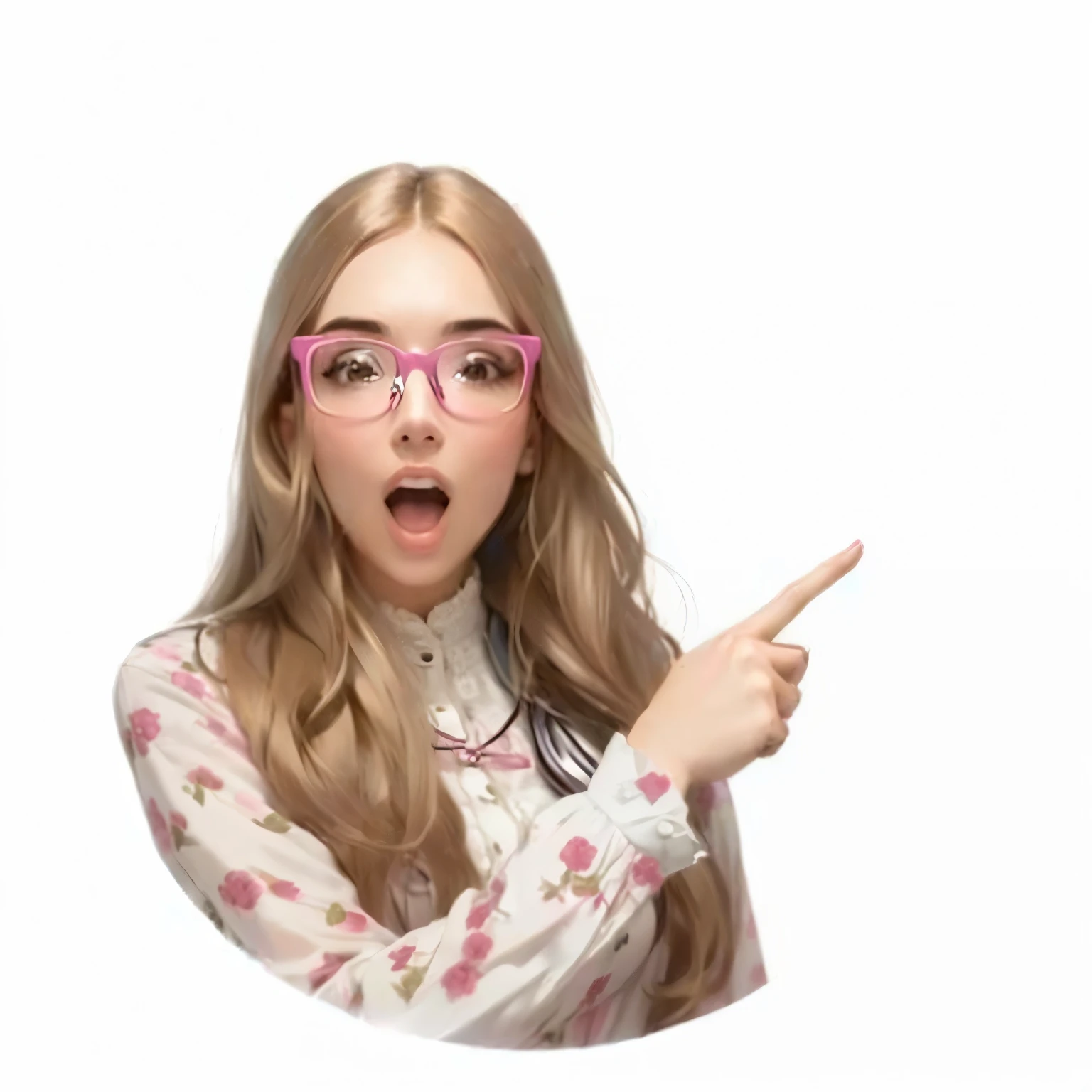 arafed woman with glasses pointing at something with her finger, pink glasses, garota with glasses, mulher with glasses rosa, garota wearing round glasses, cute garota, mulher fofa, foto popular, grande!!!!!! glasses!!!, funny, com dedo apontando, muito surpreso, teen garota, garota, smart appearance, foto comercial, with glasses, ad image, media photo
