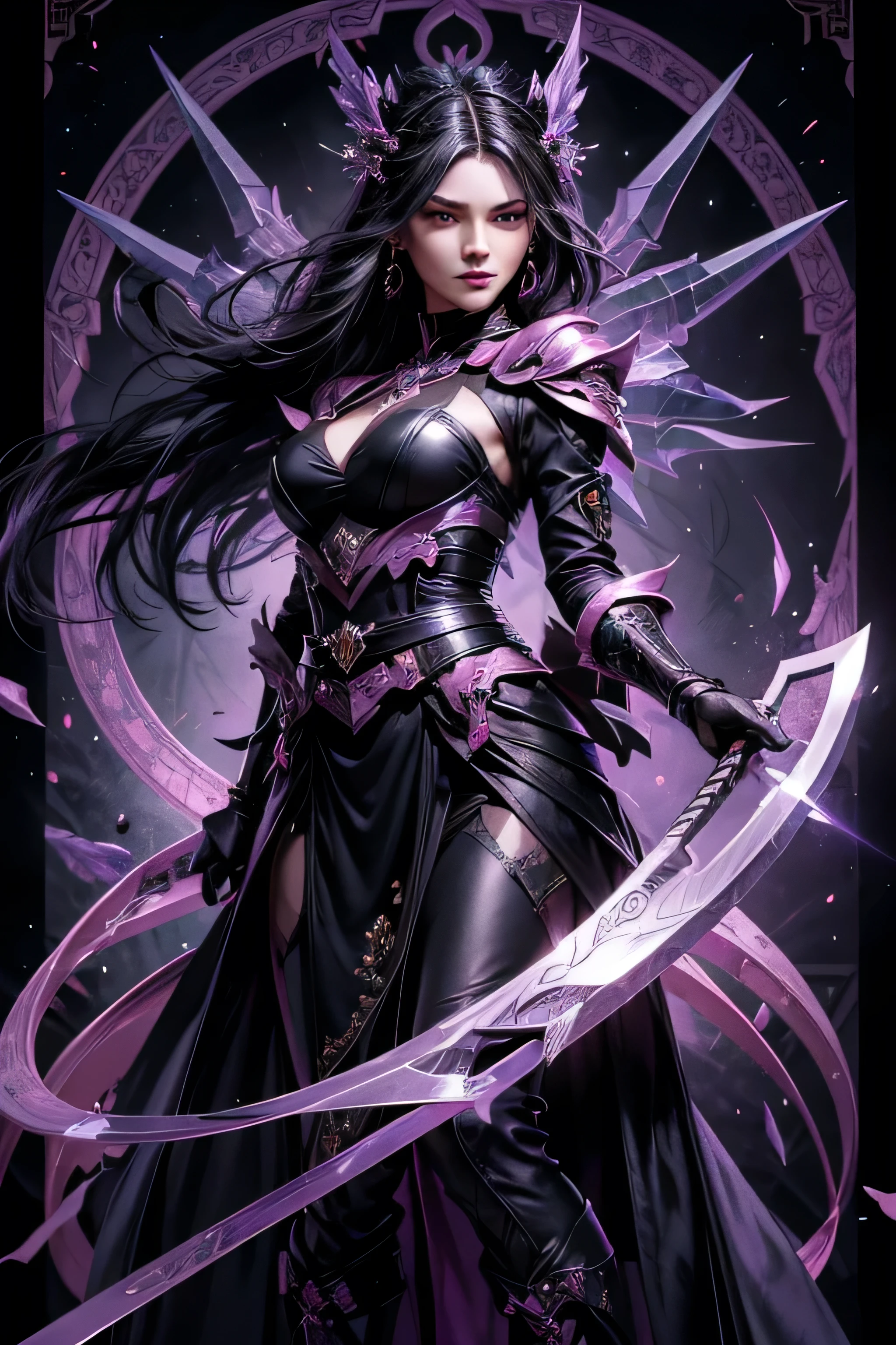 image of an antagonist, villain, in fantasy style Xian crystals and uses some ribbons to secure it, locks in diagonal cuts that outline the face, black hair. I have eyes with diamond irises in a shade of pink, an innocent face that hides evil behind innocence. Common physical size for a person of this height, she uses a katana, the design is unique and maintains a shape that resembles the traditional one, it is an elegant and organic weapon, she wears traditional clothes that facilitate combat in shades of black and deep lilac, she wears gloves and boots made of resistant material as part of her clothes, she uses ornaments and crystal ornaments as accessories