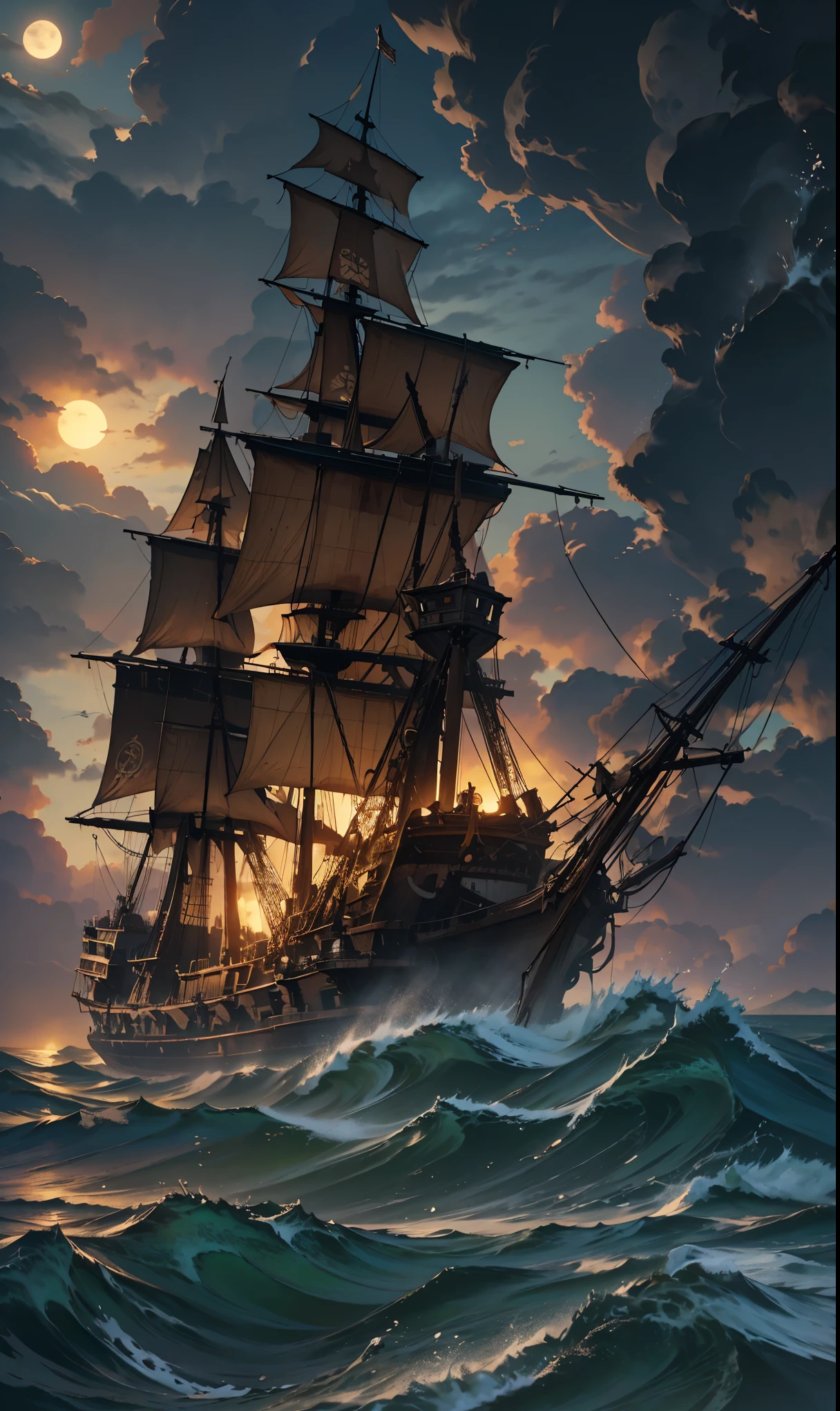 there is a Ship that is floating in the ocean at night, a Ship lost in a storm, gothic Ship on ocean, Ship at sea, dramatic nautical scene, Storm at sea, in rough seas with big waves, Shipwreck, old pirate Ship, on a pirate Ship background, The Flying Dutchman, Apocalyptic stormy seas, Stormy seas, Night sea storm, Ship