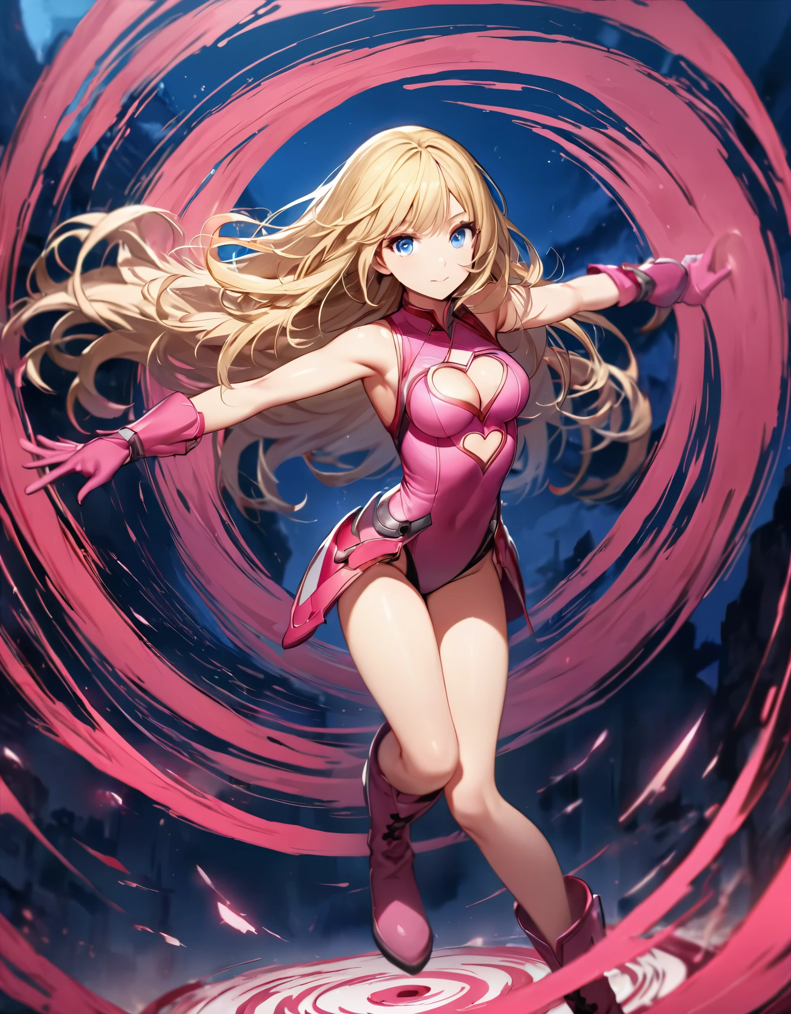 ((masterpiece)), ((best quality)), ((high res)), 1girl, solo, solo focus. (leotard, matching leotard, solid pink leotard, sleeveless), (cleavage heart cutout), (bare legs). pink gloves. pink footwear, knee boots, matching boots. looking at the viewer, blue sky backdrop. hand, perfect hands, complete fingers, perfect anatomy, medium breasts. (blonde hair, long hair, mid-length hair, hair down, bangs), blue eyes, beautiful detailed eyes, beautiful detailed face, cute face. superhero, heroic, outstretched arms. standing. ahoge. spins in place like a tornado. she spins at an incredible speed, creating a whirlwind of air around her. spiral lines around her body, cyclone winds around, tornado spinning. speed lines. full body with costume.